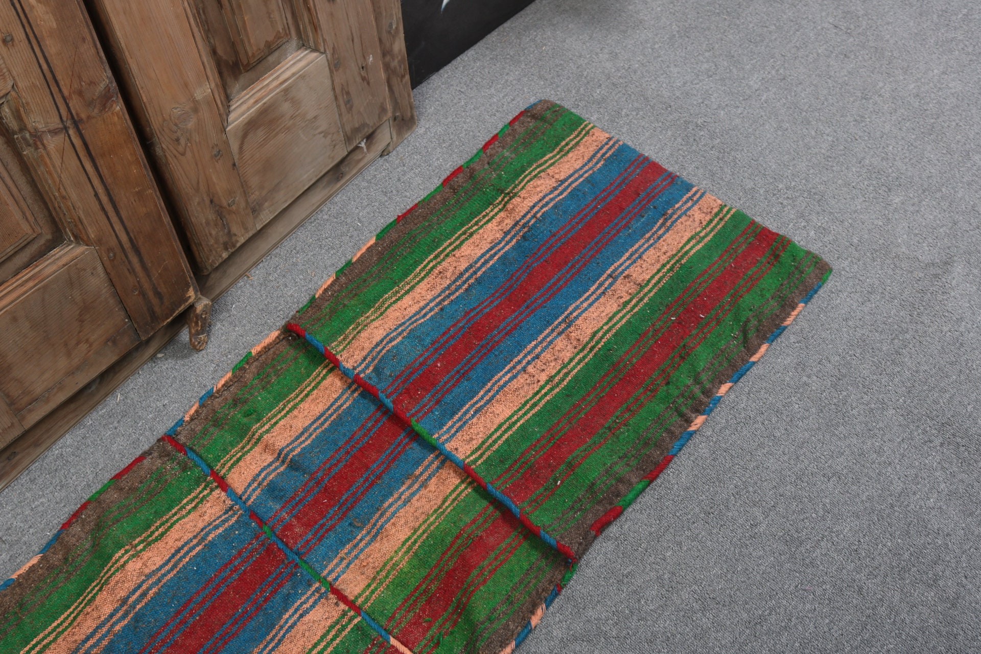 1.6x4 ft Küçük Halılar, Yeşil Düz Dokuma Halı, Türk Halıları, Kilim, Yatak Odası Halıları, Antika Halı, Geometrik Halılar, Vintage Halı, Paspas Halıları