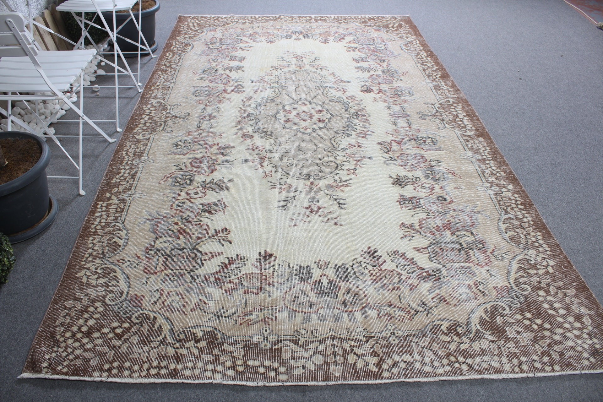 6.2x10.3 ft Büyük Halılar, Antika Halı, Bej Yün Halı, Vintage Halı, Oushak Halıları, Türk Halıları, Salon Halısı, Yemek Odası Halıları, Yer Halısı