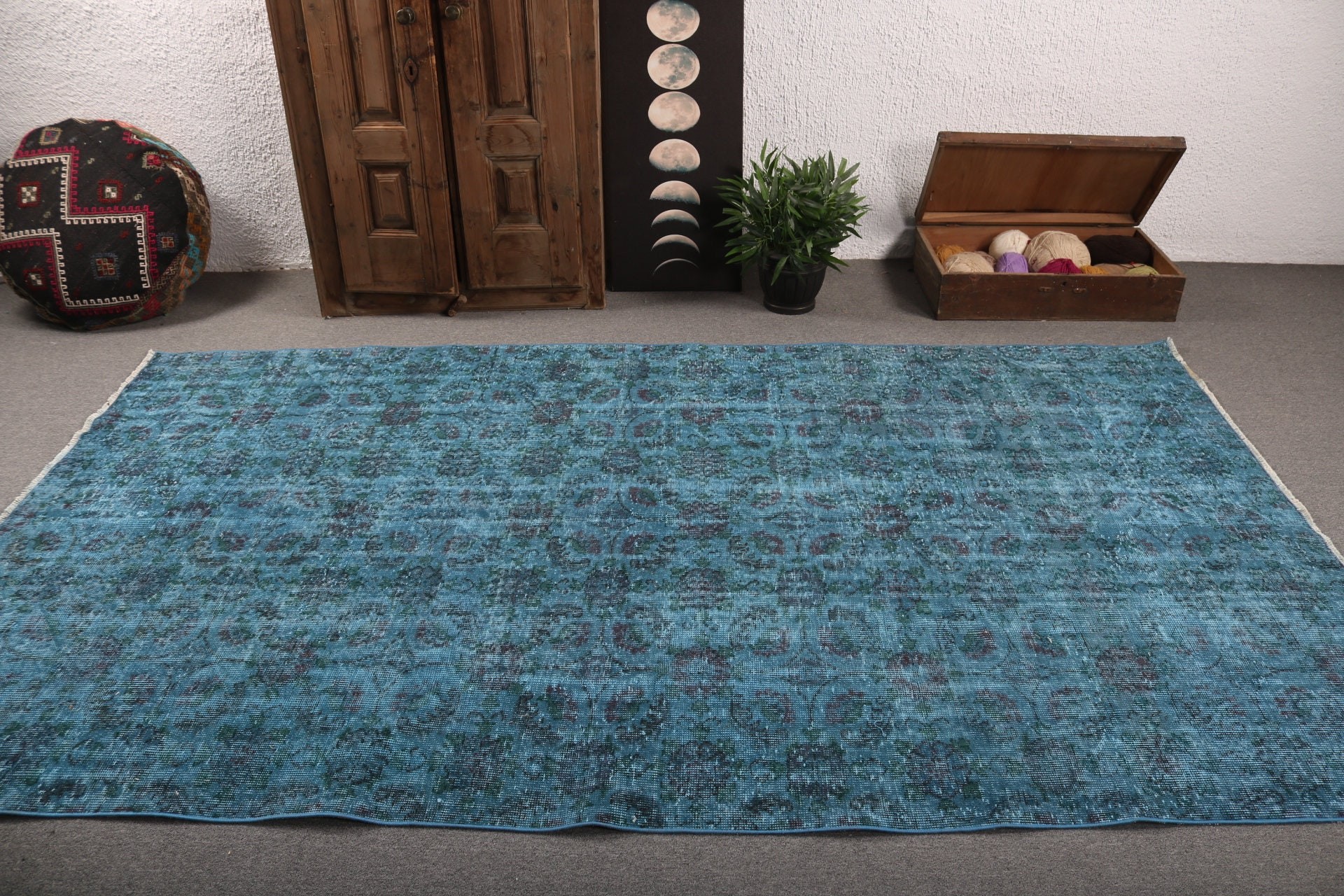 5.4x9.5 ft Büyük Halı, Vintage Halı, Büyük Boho Halı, Açıklama Halıları, Mavi Yün Halılar, Büyük Vintage Halılar, Türk Halısı, El Dokuma Halı