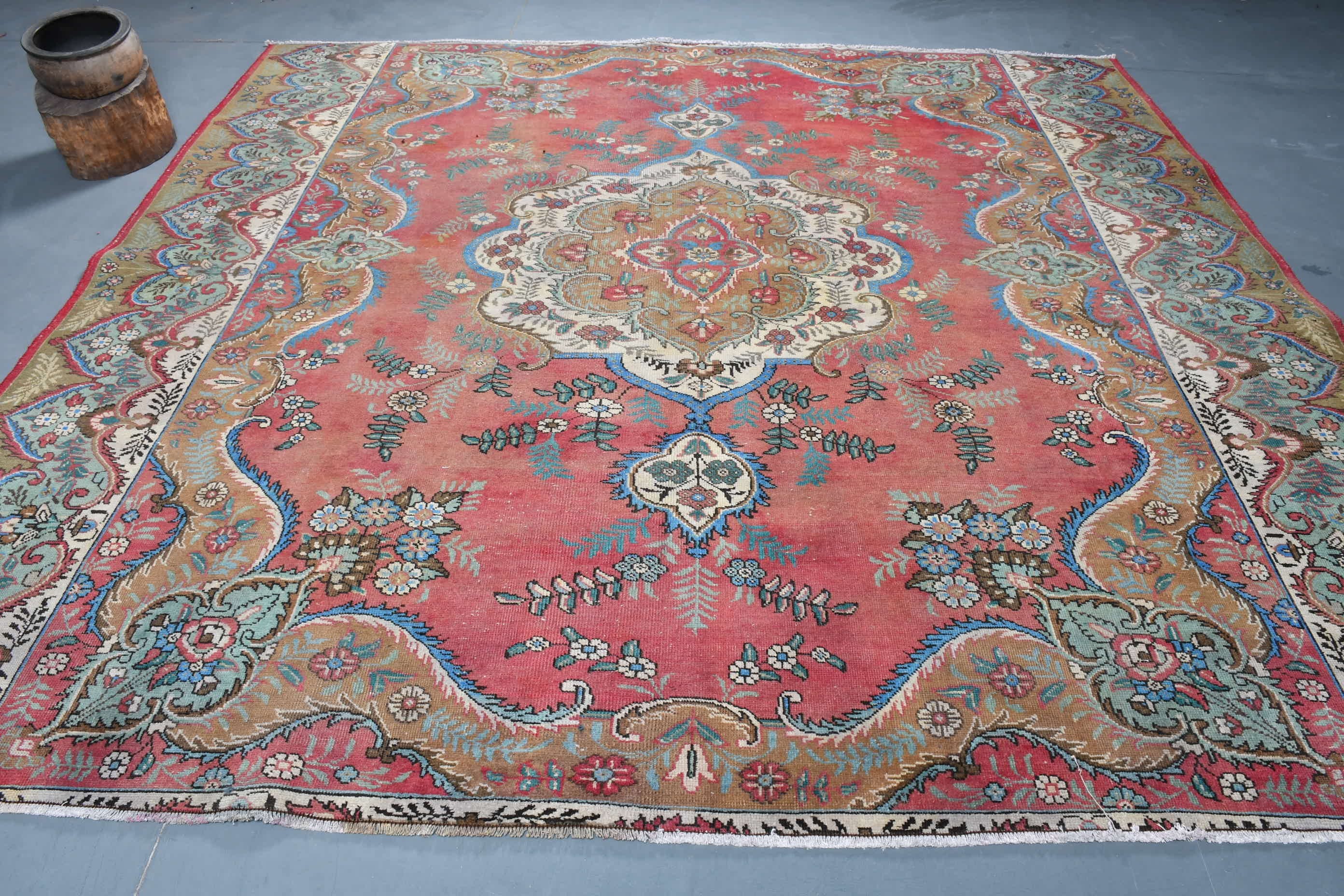 Antika Halılar, Soluk Halı, Fas Halıları, Kırmızı Oushak Halısı, Vintage Halılar, 9.9x9.9 ft Büyük Boy Halı, Yemek Odası Halısı, Türk Halısı, Oturma Odası Halısı