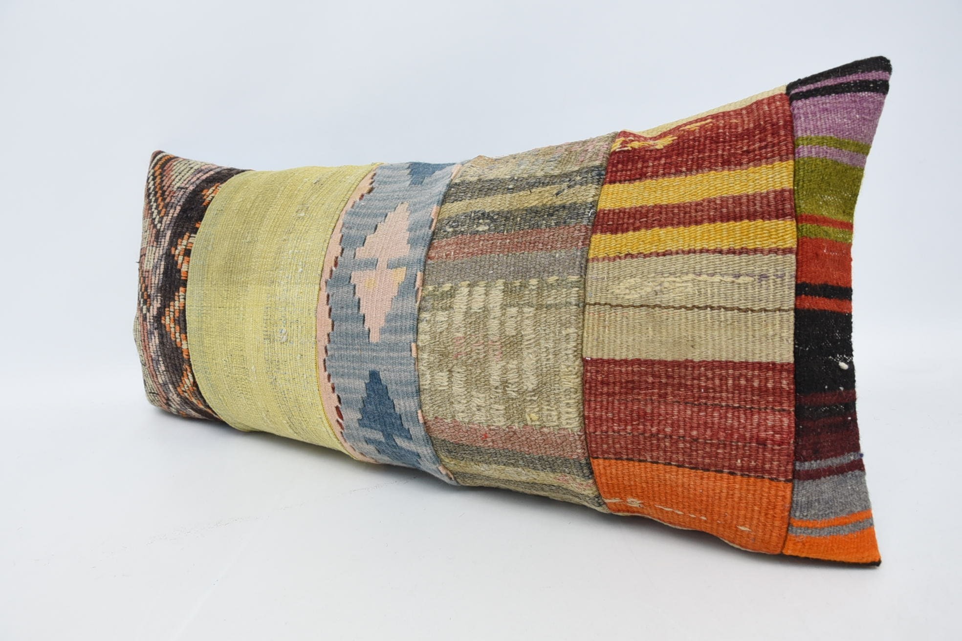 Türk Yastığı, Boho Yastık Sham Kılıfı, Kilim Yastık, Çiftlik Evi Minderi, 16"x36" Yeşil Yastık Sham, Nomadic Minder Kılıfı