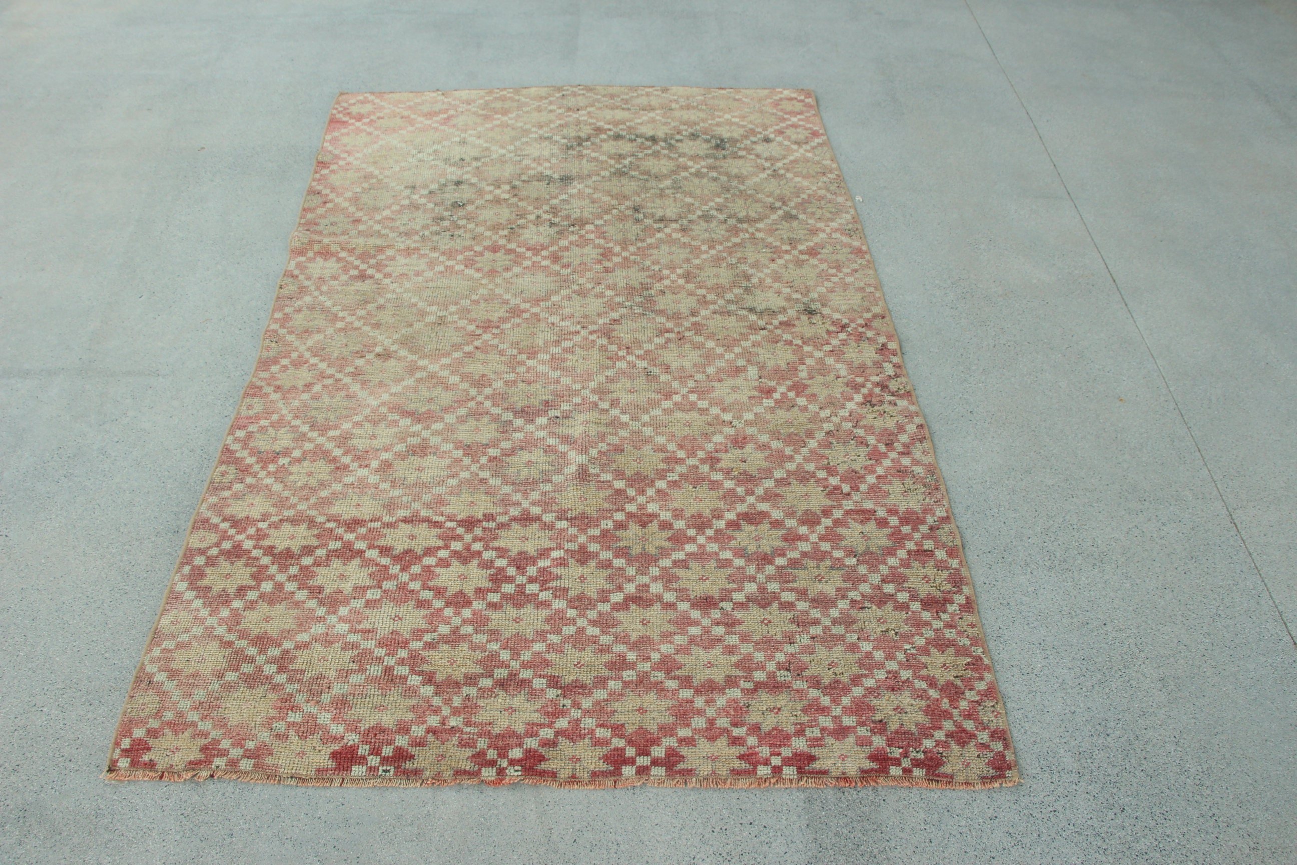 Kırmızı Yer Halısı, Yatak Odası Halıları, 4x6.4 ft Alan Halısı, Türk Halıları, Geometrik Halılar, Vintage Halı, Vintage Dekor Halısı, Yemek Odası Halıları, Lüks Halılar