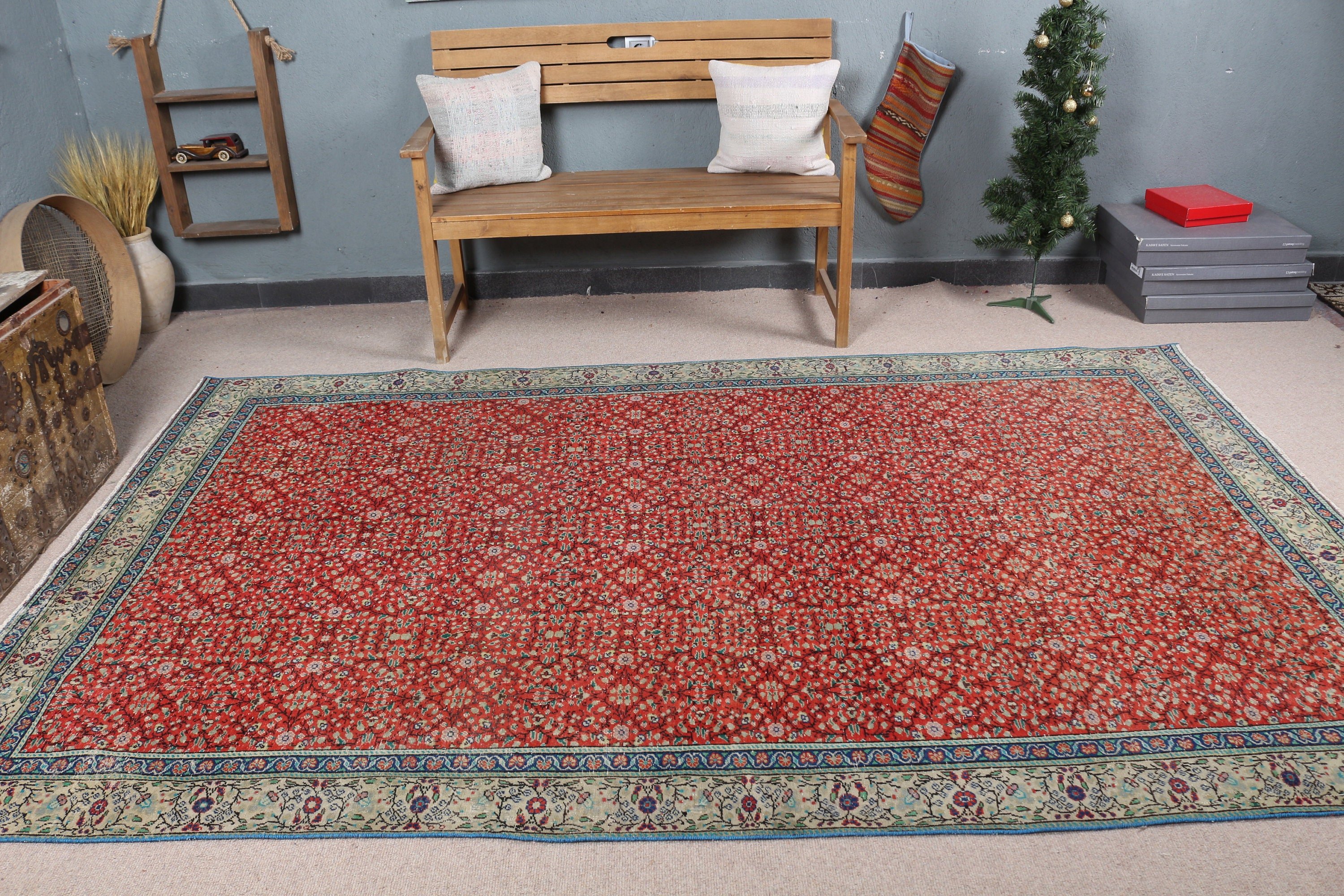 Eski Halı, Ev Dekor Halısı, Yatak Odası Halısı, Salon Halısı, Oturma Odası Halısı, Vintage Halı, 6x9.5 ft Büyük Halı, Türk Halıları, Sessiz Halı, Kırmızı Mutfak Halısı