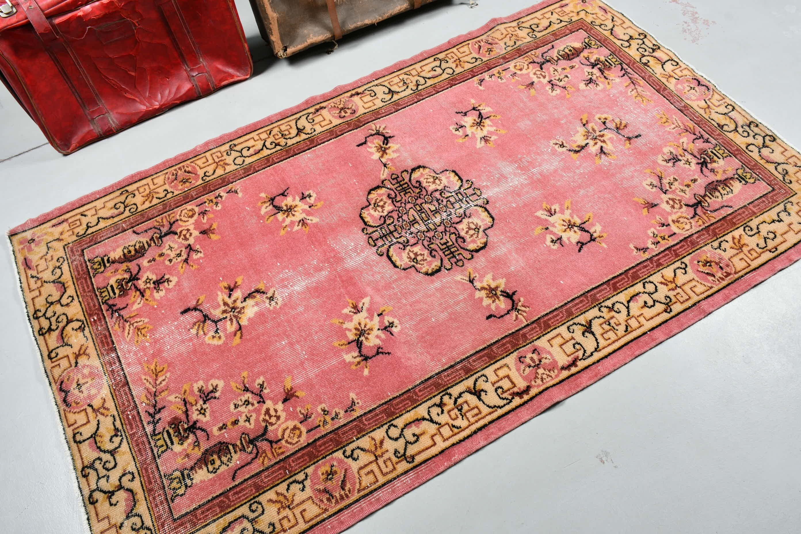 Antique Rug, Rugs for Nursery, Vintage Decor Rugs, Pink Wool Rug, Turkish Rugs, Kitchen Rug, Vintage Rug, 3.8x6.4 ft Area Rugs, Muted Rugs