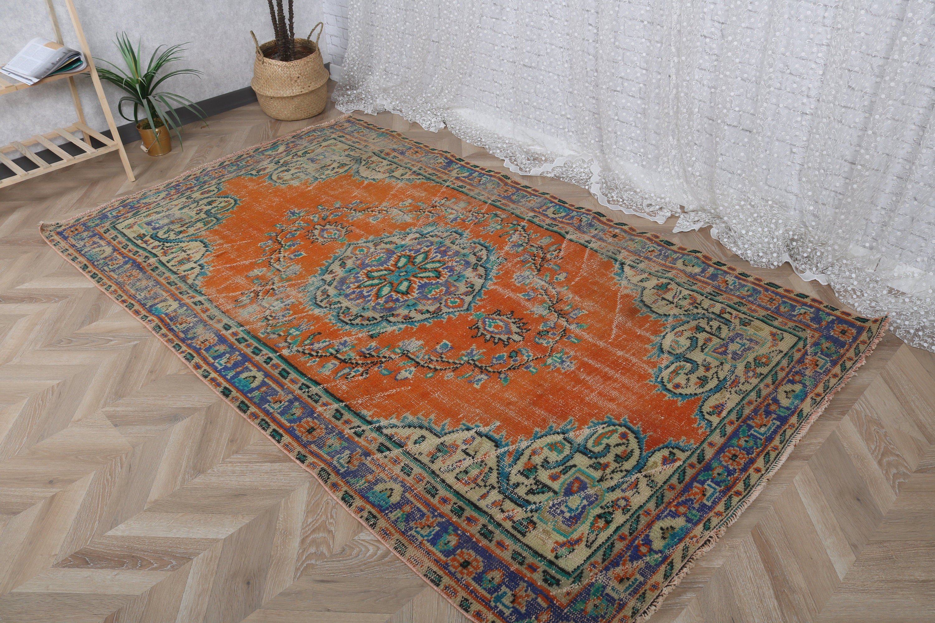 Yatak Odası Halısı, Yer Halısı, Vintage Halı, Türk Halısı, Turuncu 4.7x7.8 ft Alan Halısı, Oturma Odası Halıları, Oryantal Halı, Ev Dekorasyonu Halısı