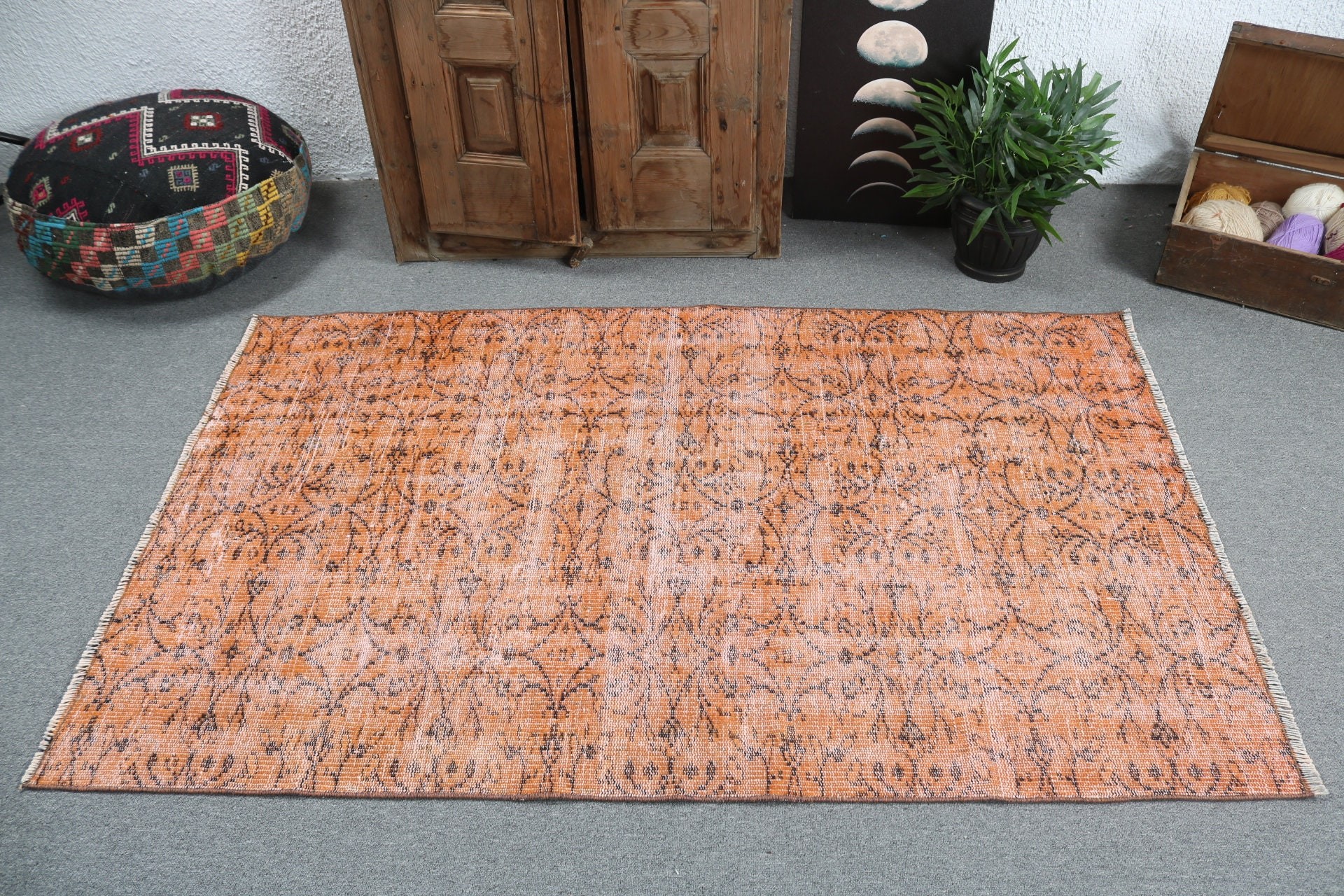 Turuncu Antika Halı, Geometrik Halı, Vintage Vurgulu Halılar, Ev Dekorasyonu Halıları, 3.7x5.9 ft Vurgulu Halı, Çocuk Halısı, Türk Halıları, Vintage Halı