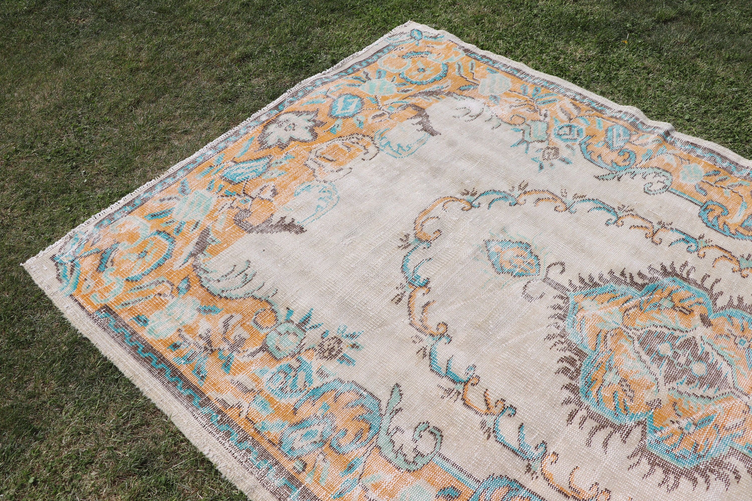 Bej Lüks Halılar, Vintage Halılar, El Dokuma Halılar, Oturma Odası Halıları, Türk Halısı, Oushak Halıları, 5.4x8.9 ft Büyük Halılar, Boho Halıları, Yatak Odası Halıları