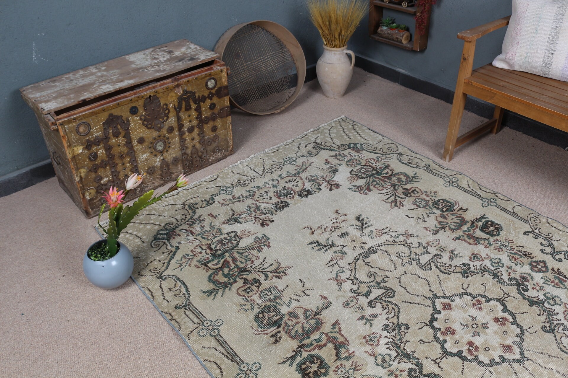 4.8x9.2 ft Large Rugs, Salon Rug, Vintage Rug, Rugs for Bedroom, Beige Floor Rug, Antique Rug, Living Room Rug, Turkish Rug