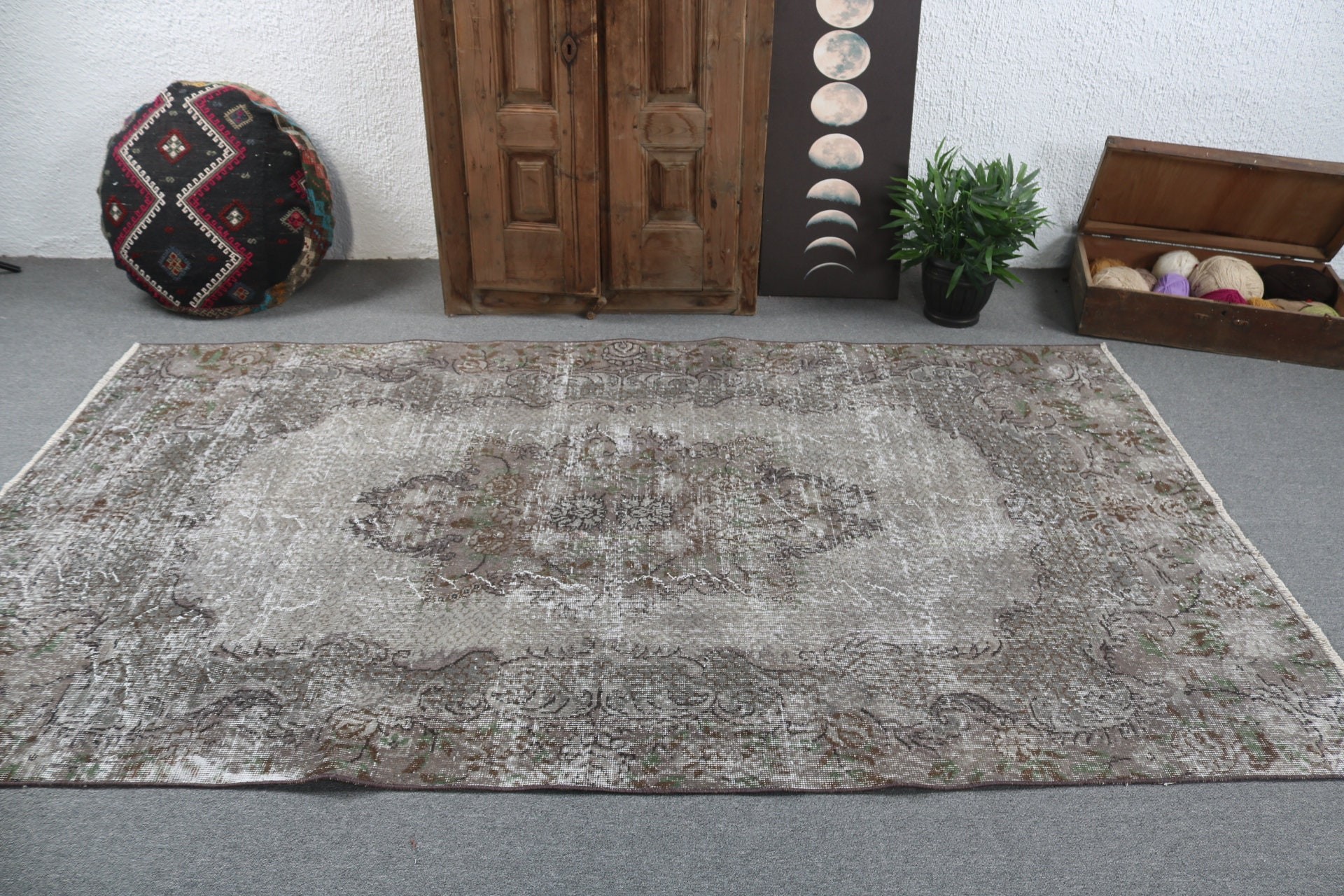 Lüks Halı, Gri Oushak Halı, Anadolu Halısı, Türk Halısı, Yatak Odası Halısı, Vintage Halılar, Salon Halıları, 4.9x8.6 ft Büyük Halı, Büyük Boho Halıları