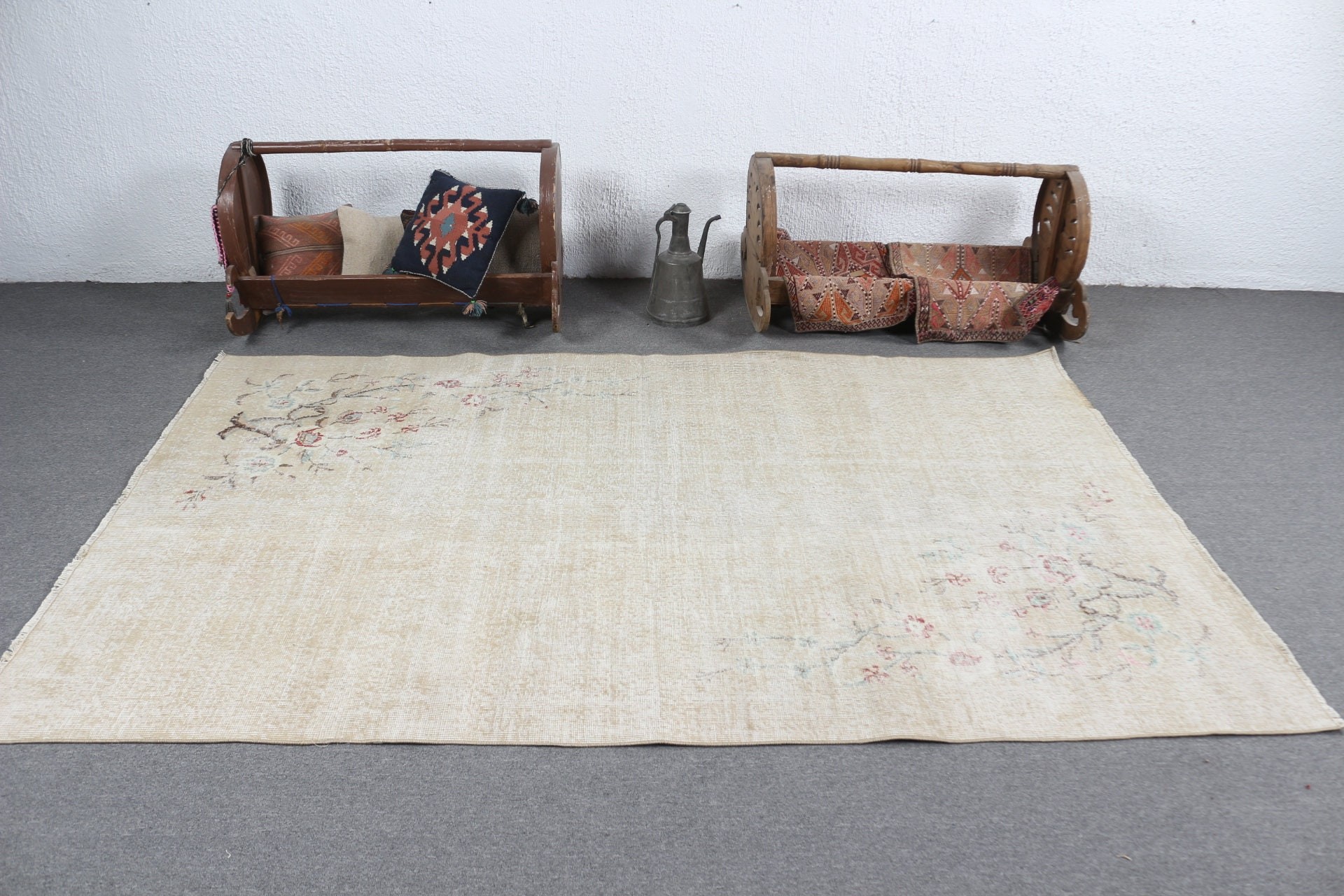 Anadolu Halısı, Yemek Odası Halısı, Türk Halıları, Oturma Odası Halısı, Vintage Halı, Bej Oushak Halısı, 5.1x8 ft Büyük Halı, Eski Halı, Ev Dekor Halıları