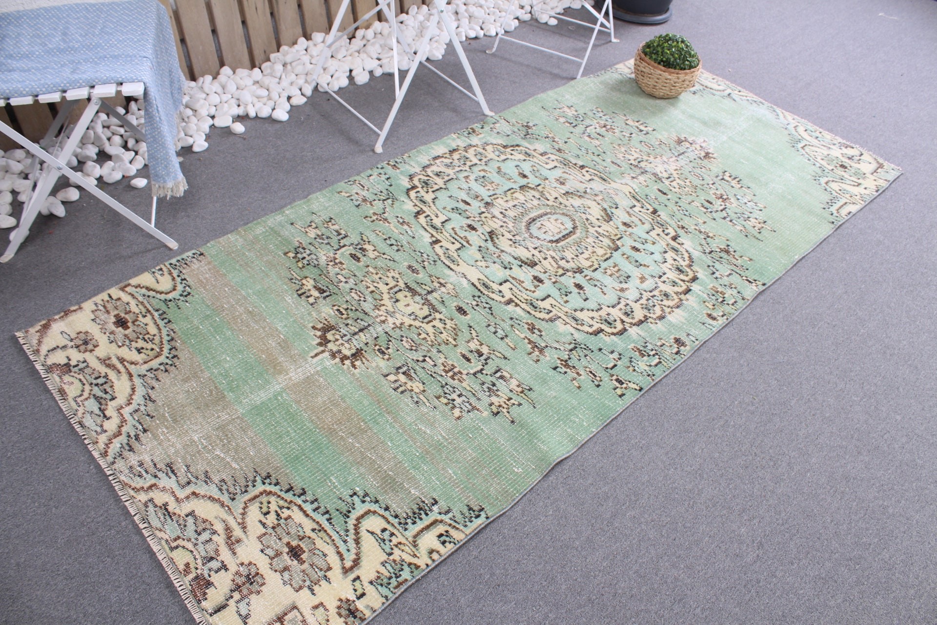 Vintage Rug, Rugs for Dining Room, 3.5x8 ft Area Rug, Turkish Rugs, Vintage Decor Rugs, Oushak Rugs, Floor Rug, Green Moroccan Rugs