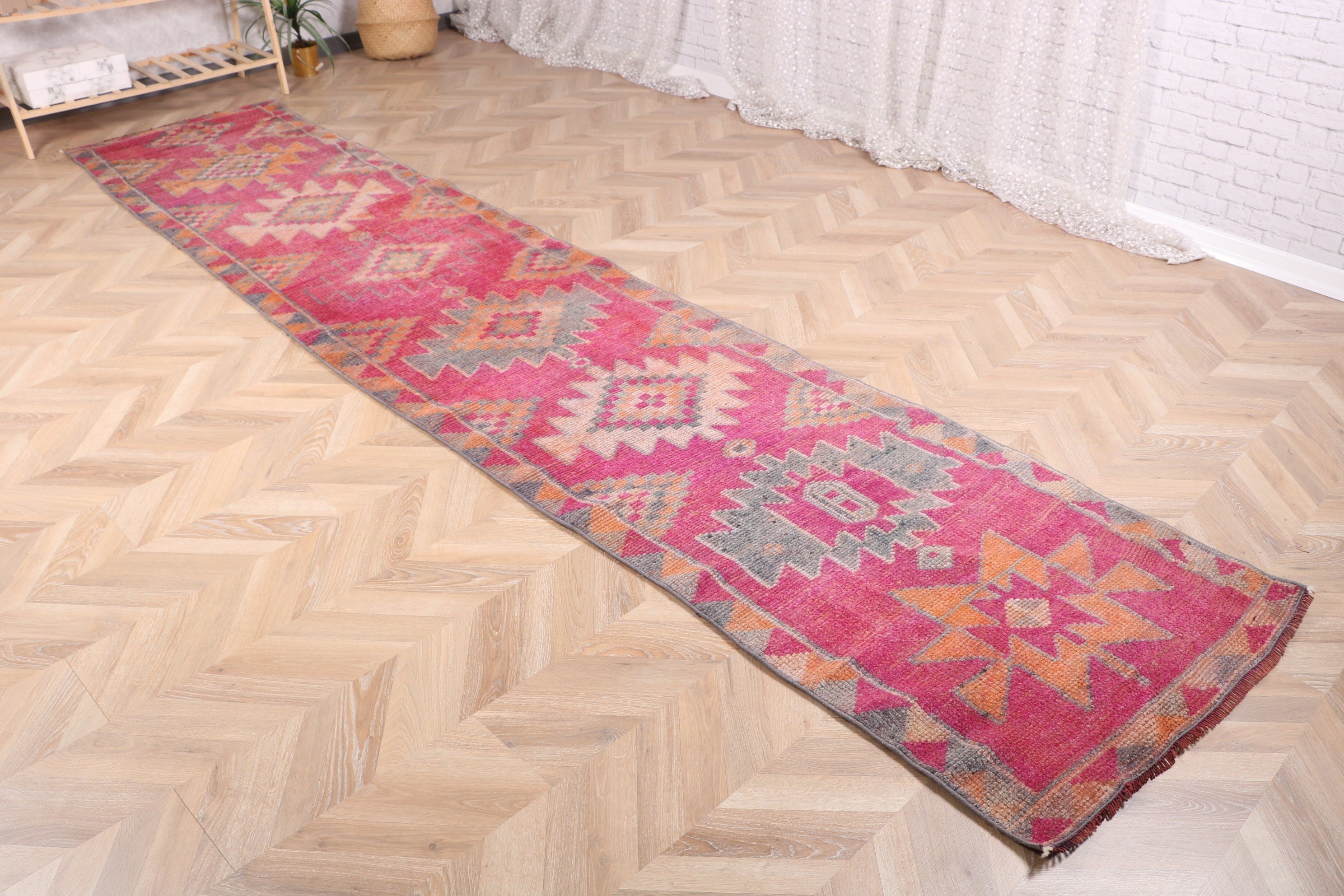 Vintage Rug, Modern Rugs, Stair Rug, Hallway Rugs, Pink  2.8x12.9 ft Runner Rugs, Turkish Rug, Aztec Rug, Oushak Rugs