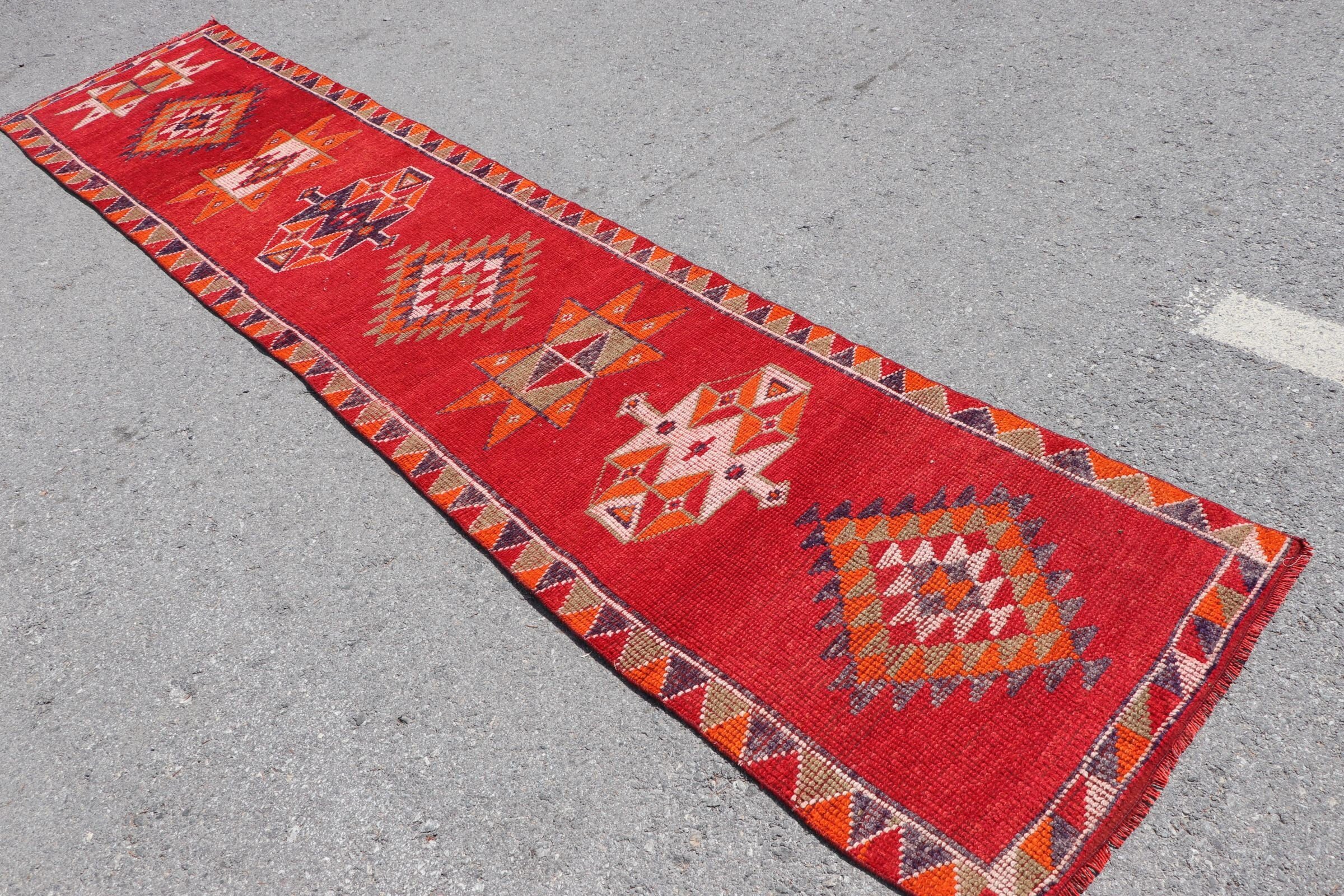 2.4x11.4 ft Runner Rug, Red Oushak Rugs, Turkish Rug, Bedroom Rug, Nomadic Rugs, Wool Rugs, Corridor Rug, Vintage Rugs, Rugs for Runner