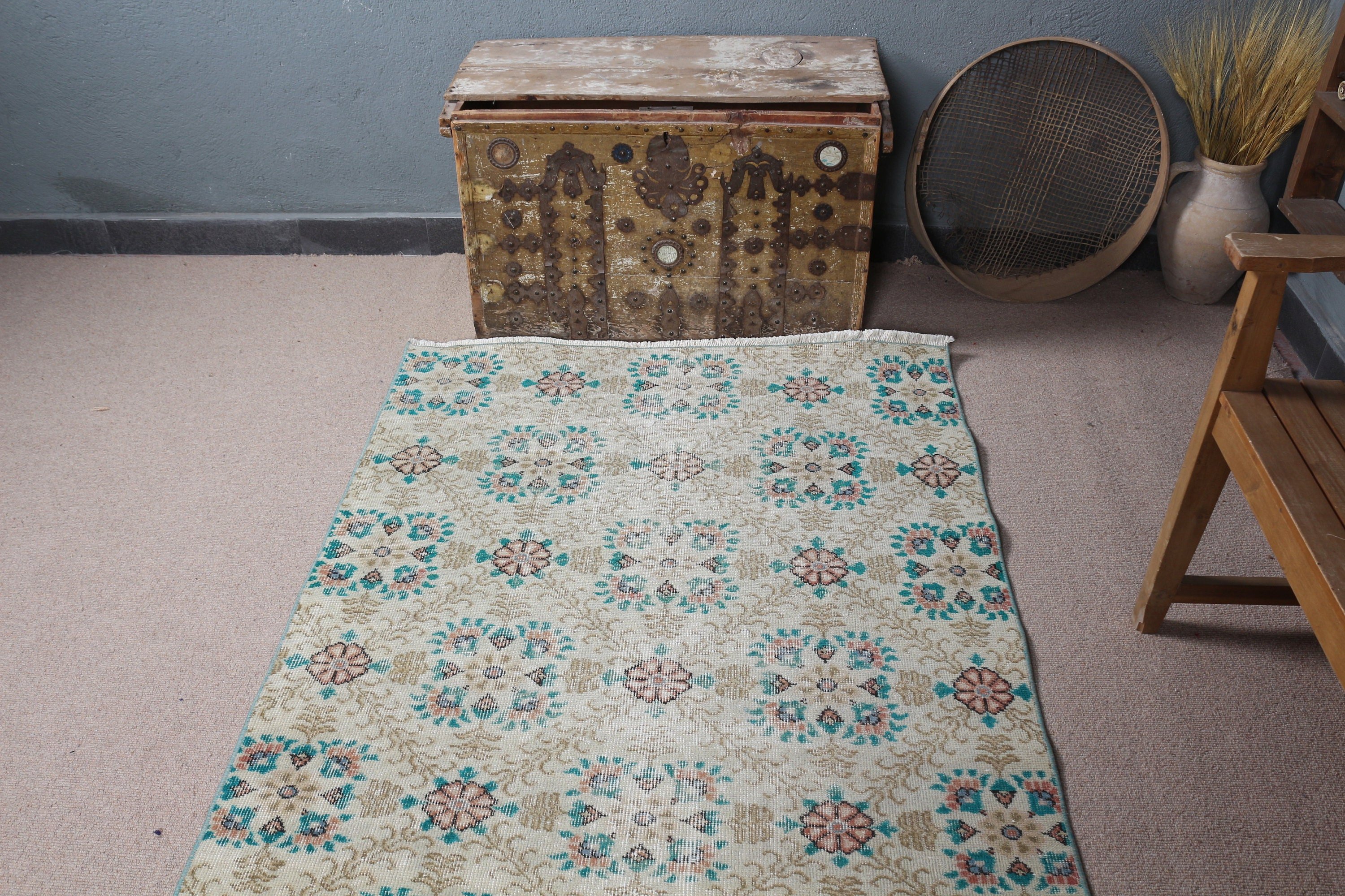 Turkish Rugs, Vintage Decor Rug, Beige Bedroom Rug, Vintage Rug, Rugs for Entry, Kitchen Rug, 3.7x6 ft Accent Rug, Floor Rug