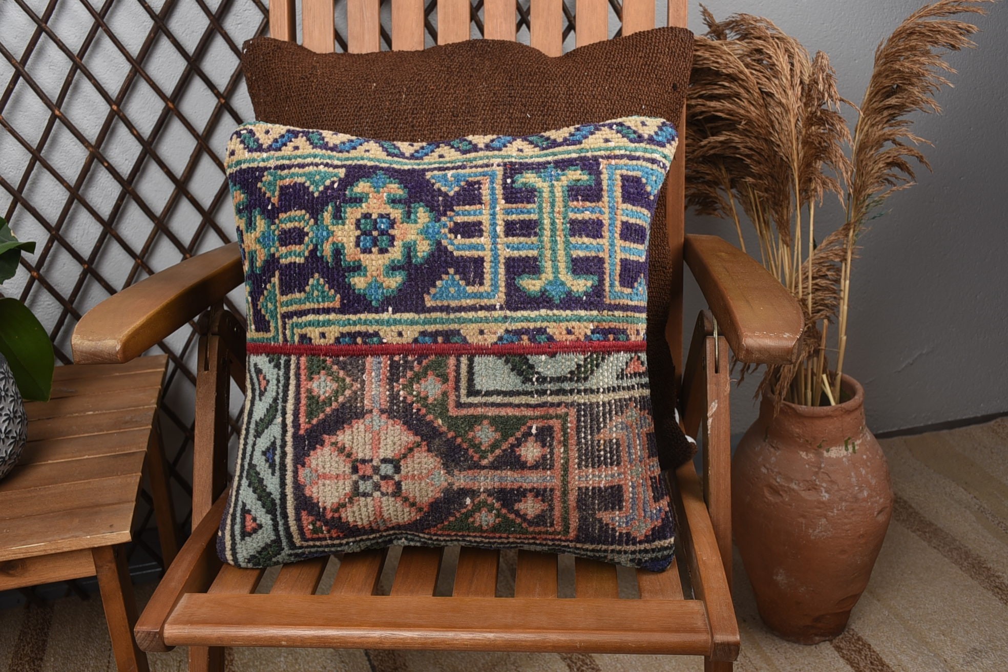 Garden Pillow Case, 16"x16" Brown Pillow Sham, Antique Pillows, Kilim Pillow Cover, Pillow for Sofa, Decorative Bolster Pillow Case