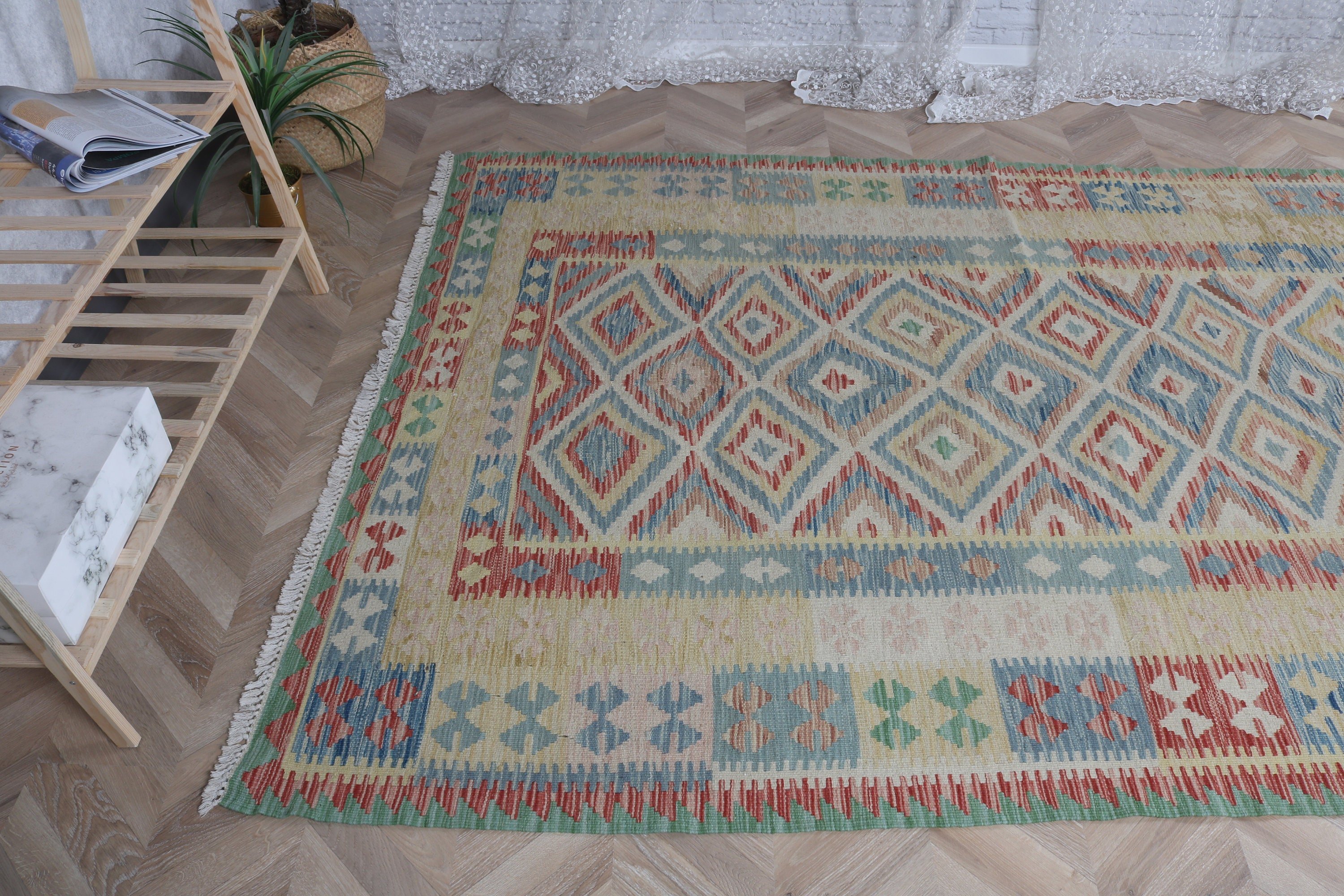 Vintage Halı, 5.3x8 ft Büyük Halı, Türk Halısı, Etnik Halı, Gökkuşağı Oryantal Halısı, Modern Halılar, Yatak Odası Halıları, Yün Halılar, Oturma Odası Halıları