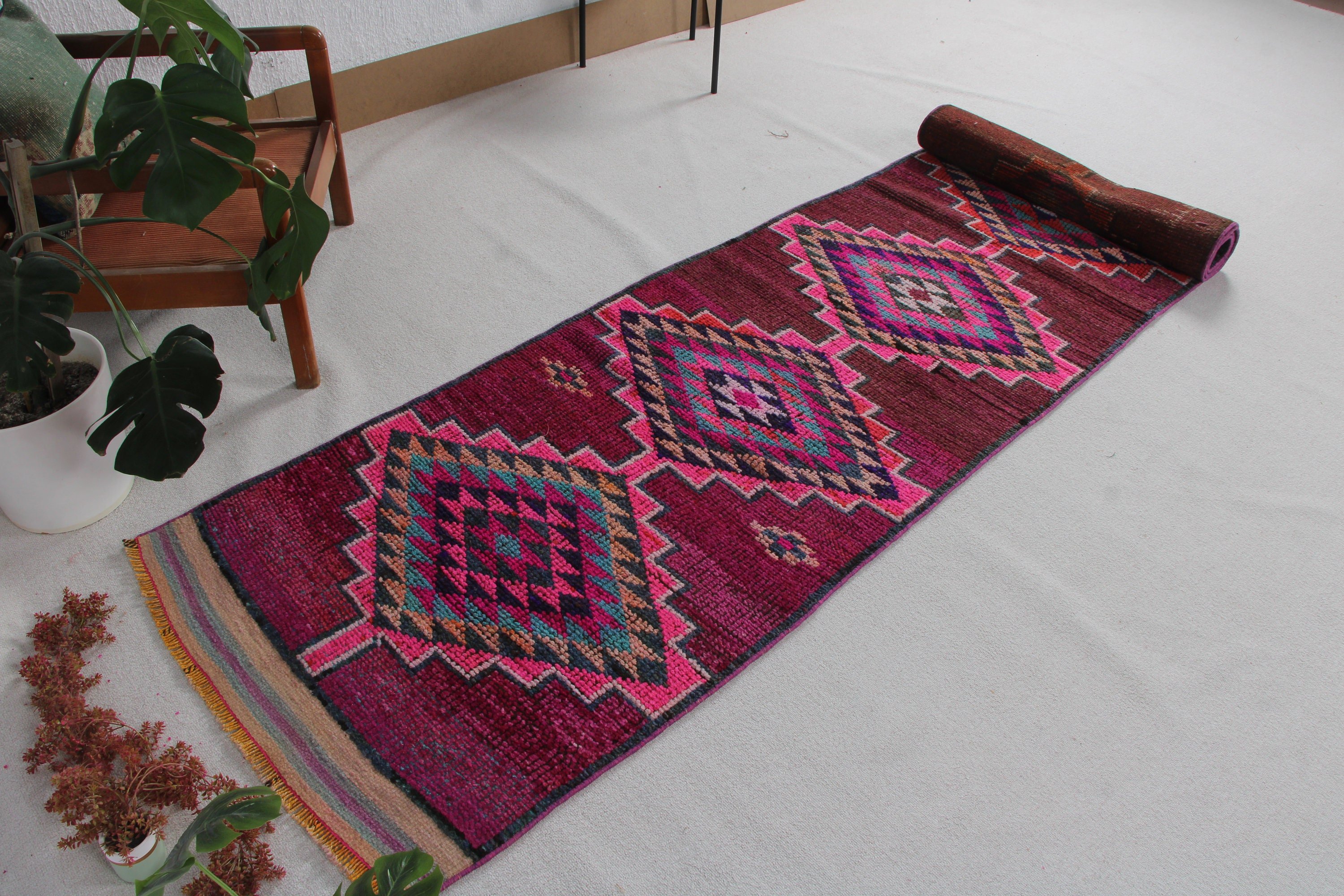 Beni Ourain Runner Halı, 2.9x13.3 ft Runner Halı, Modern Halı, Vintage Halılar, Merdiven Halıları, Mor Yatak Odası Halısı, Türk Halısı, Mutfak Halısı