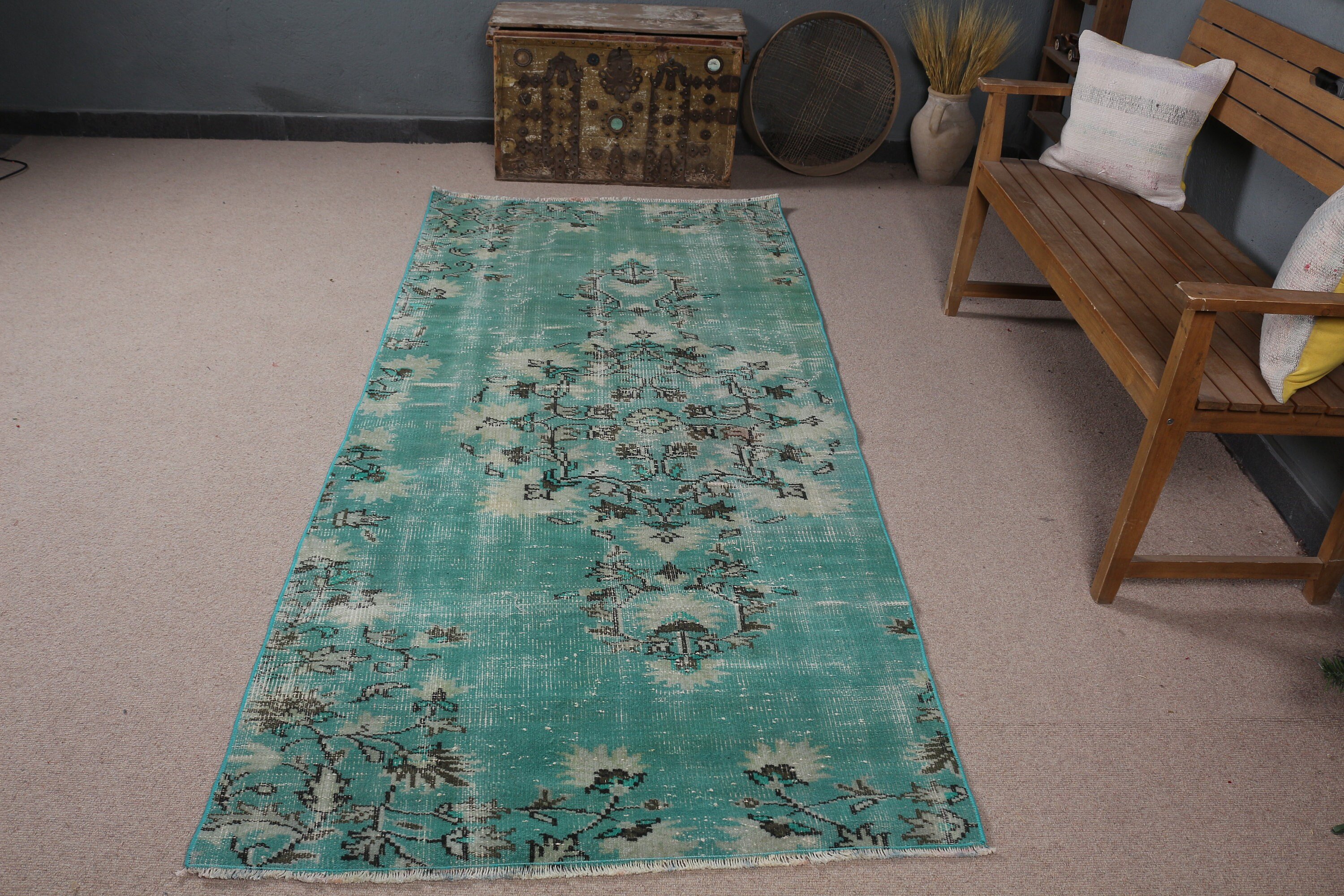 Floor Rug, Rugs for Living Room, Moroccan Rug, Indoor Rug, Vintage Rug, Bedroom Rugs, Turkish Rug, 3.7x8.2 ft Area Rug, Green Kitchen Rug