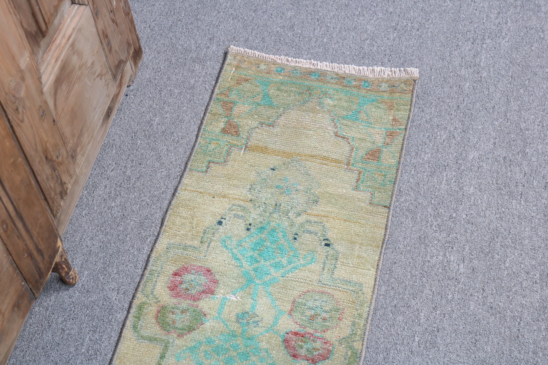 Vintage Rugs, Green Oushak Rugs, Kitchen Rug, Antique Rug, Turkish Rug, 1.1x2.9 ft Small Rug, Bath Rugs, Rugs for Wall Hanging, Wool Rugs