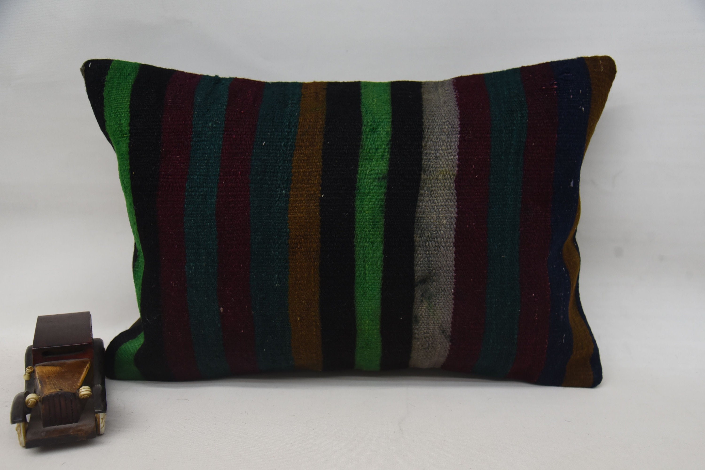 Ethnical Kilim Rug Pillow, Kilim Cushion Sham, 16"x24" Green Pillow Sham, Neutral Throw Pillow Cover, Turkish Kilim Pillow