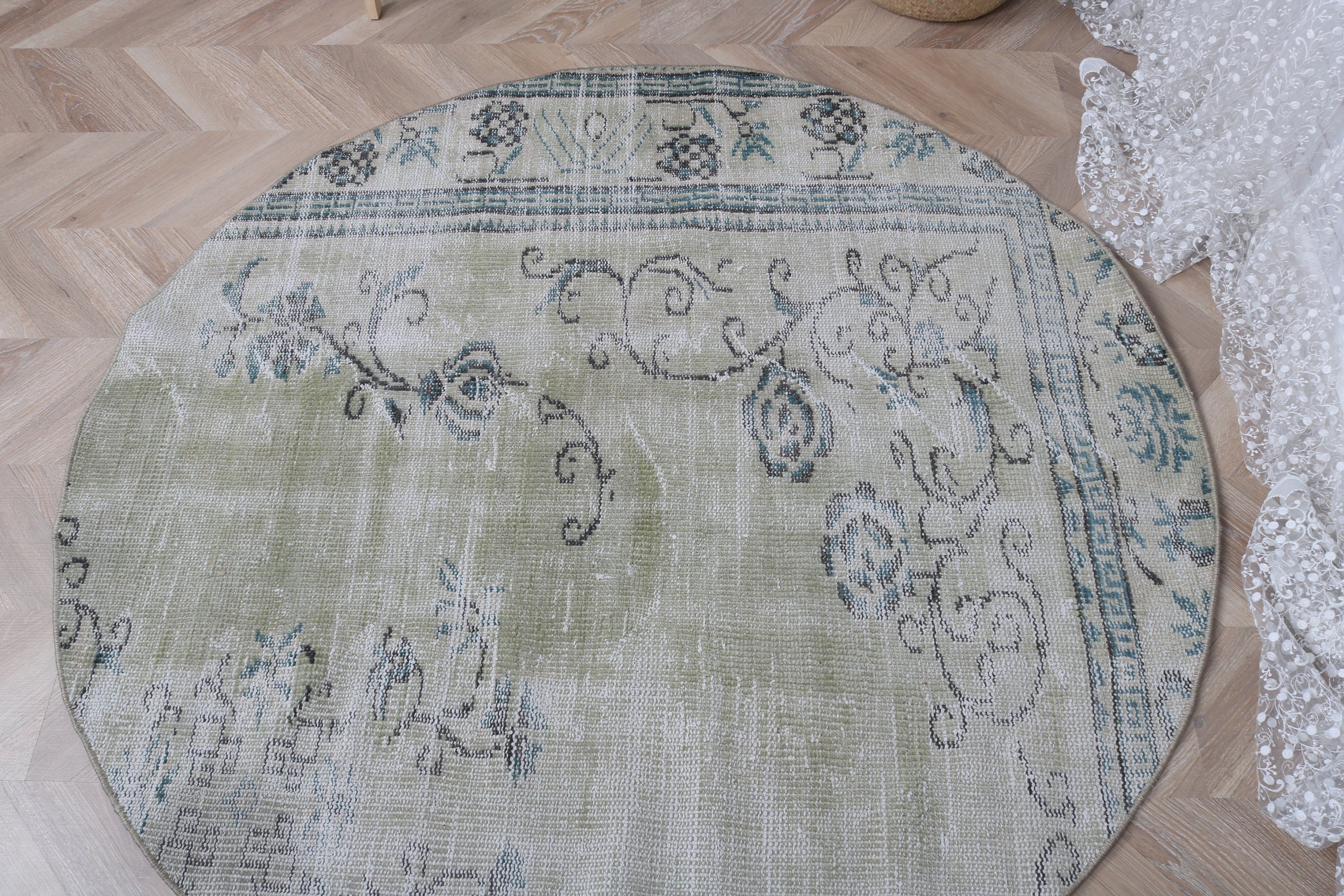 Wool Rugs, Decorative Rugs, Green Floor Rug, Vintage Rugs, Turkish Rug, Bedroom Rug, 4.4x4.4 ft Accent Rugs, Neutral Rug, Rugs for Bedroom