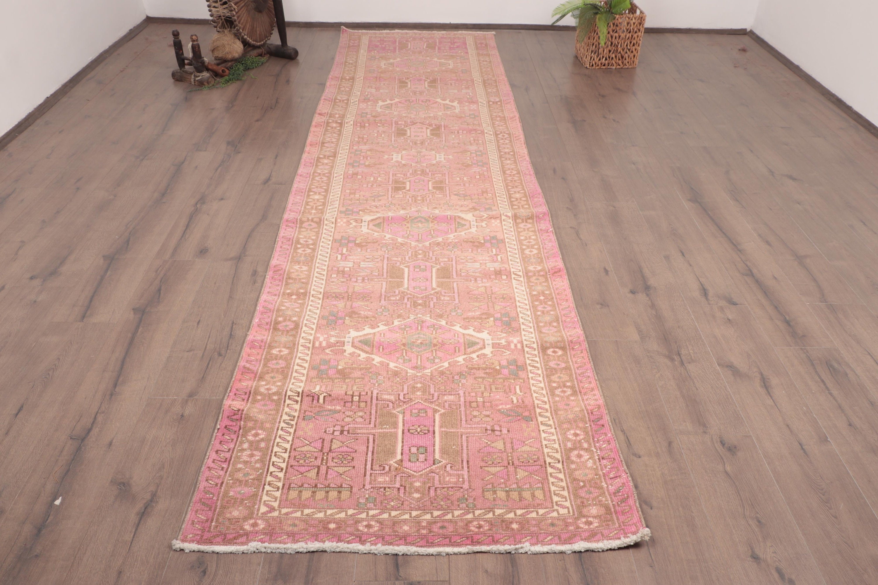 Turkish Rugs, Vintage Rug, Kitchen Rugs, Luxury Rugs, Rugs for Corridor, Aztec Rug, Pink Wool Rugs, Hallway Rug, 3.2x12.5 ft Runner Rug