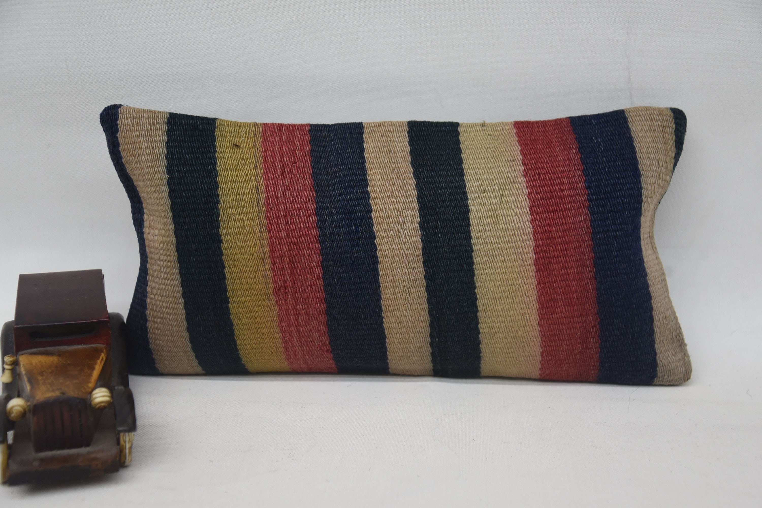 Pillow for Sofa, Vintage Kilim Throw Pillow, 8"x16" Blue Cushion, Ethnical Kilim Rug Pillow, Authentic Cushion Case