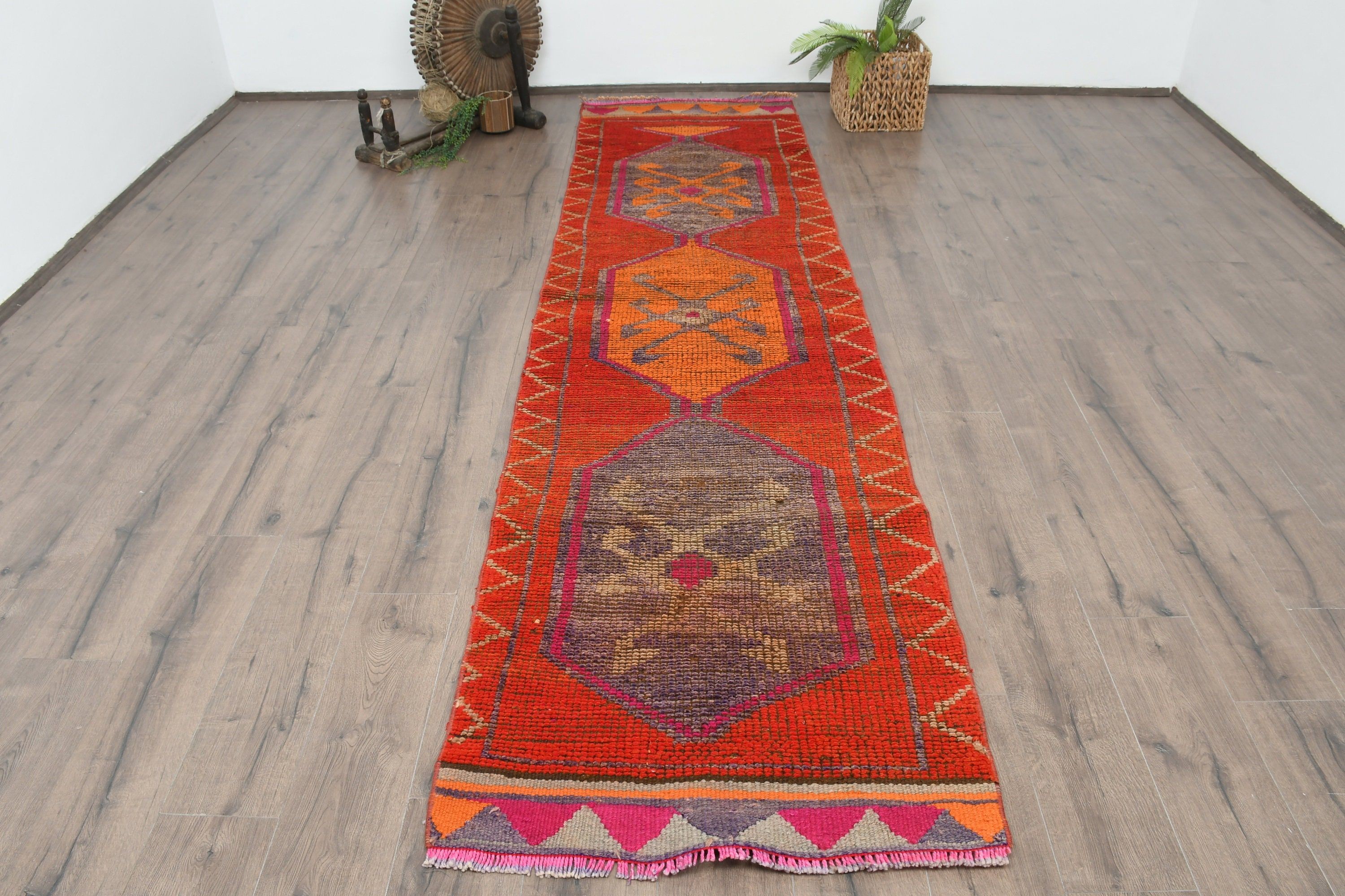 Floor Rug, 2.8x11.3 ft Runner Rug, Rugs for Kitchen, Wool Rugs, Turkish Rugs, Distressed Rug, Vintage Rugs, Corridor Rug, Red Oushak Rugs