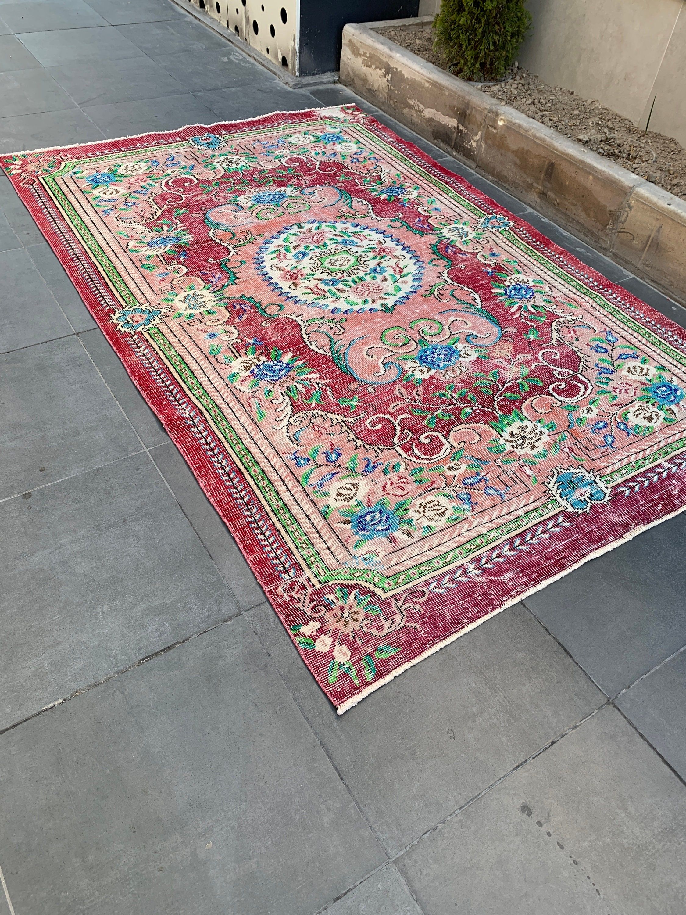 Vintage Halı, Türk Halısı, 6.1x9.4 ft Büyük Halı, Kırmızı Soğuk Halı, Salon Halıları, Yün Halı, Yemek Odası Halısı, Oturma Odası Halıları