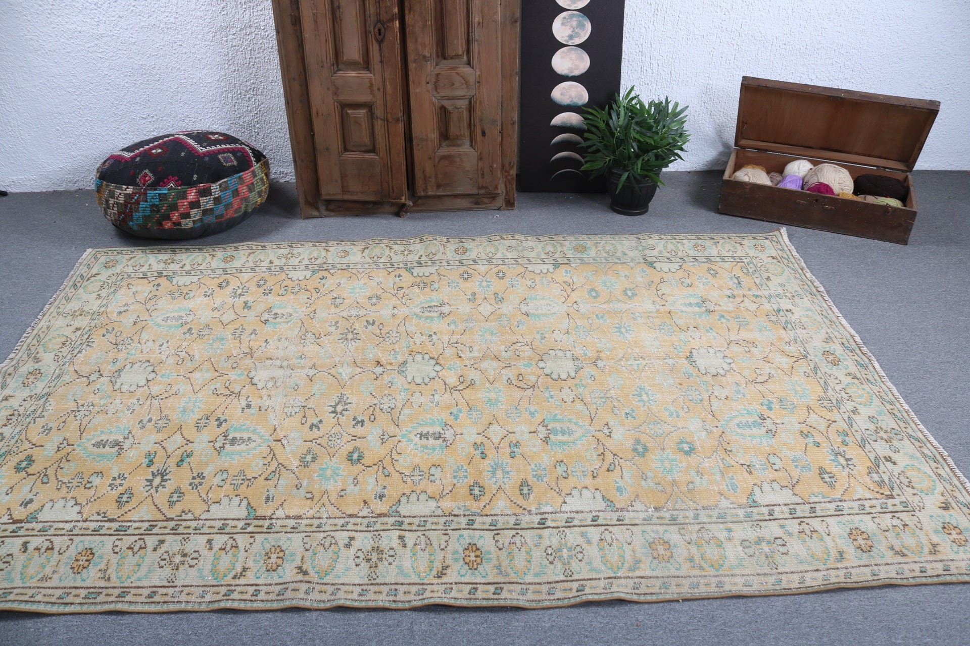 Vintage Halı, Oturma Odası Halısı, Açıklama Halısı, Türk Halısı, Sarı Soğuk Halı, Büyük Boho Halısı, 5.5x8.5 ft Büyük Halılar, Düz Dokuma Halılar, Yer Halısı