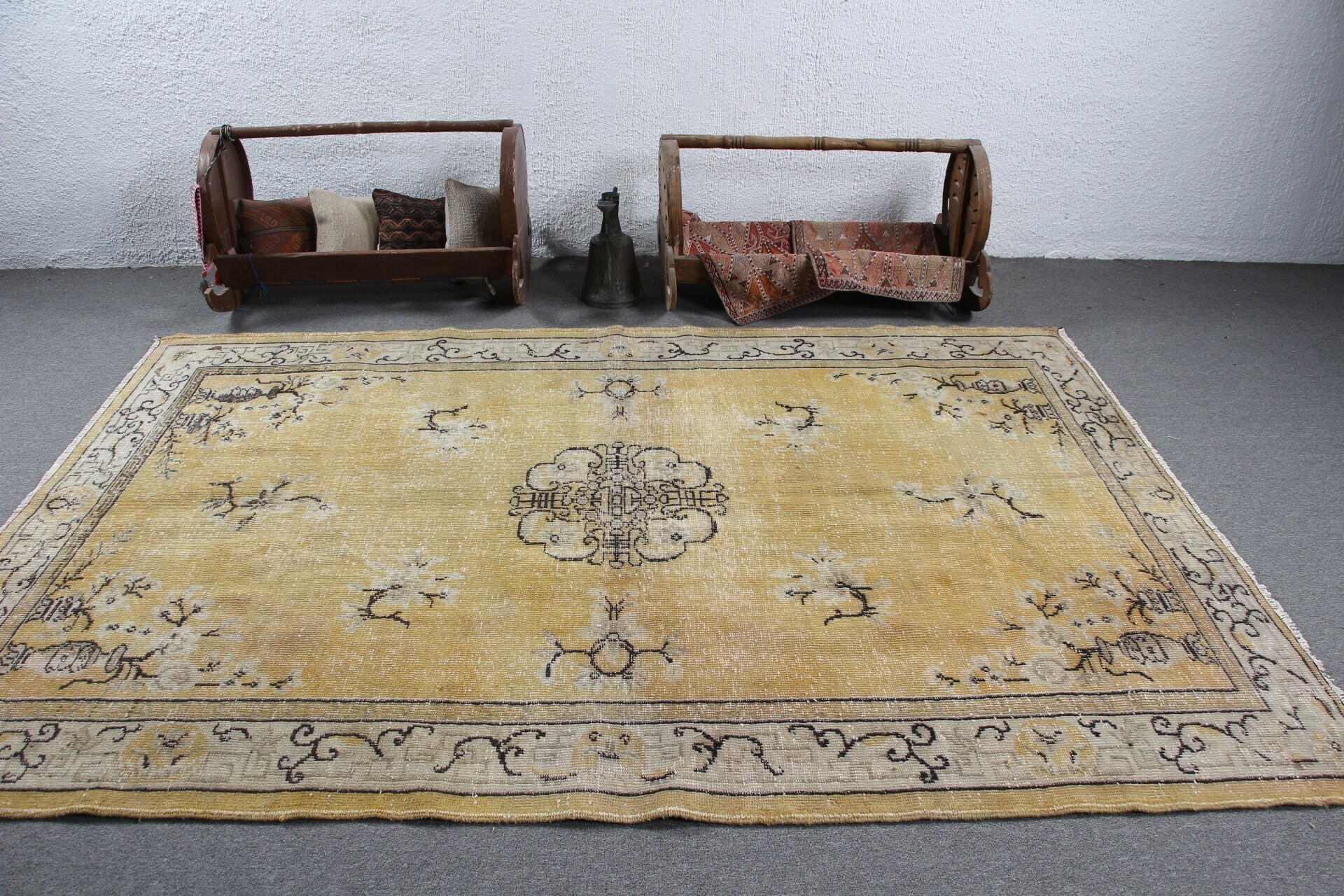 Türk Halıları, Parlak Halı, Havalı Halı, Vintage Halılar, Sarı Oushak Halıları, Ev Dekorasyonu Halıları, Oturma Odası Halısı, Yatak Odası Halıları, 6x8,9 ft Büyük Halılar