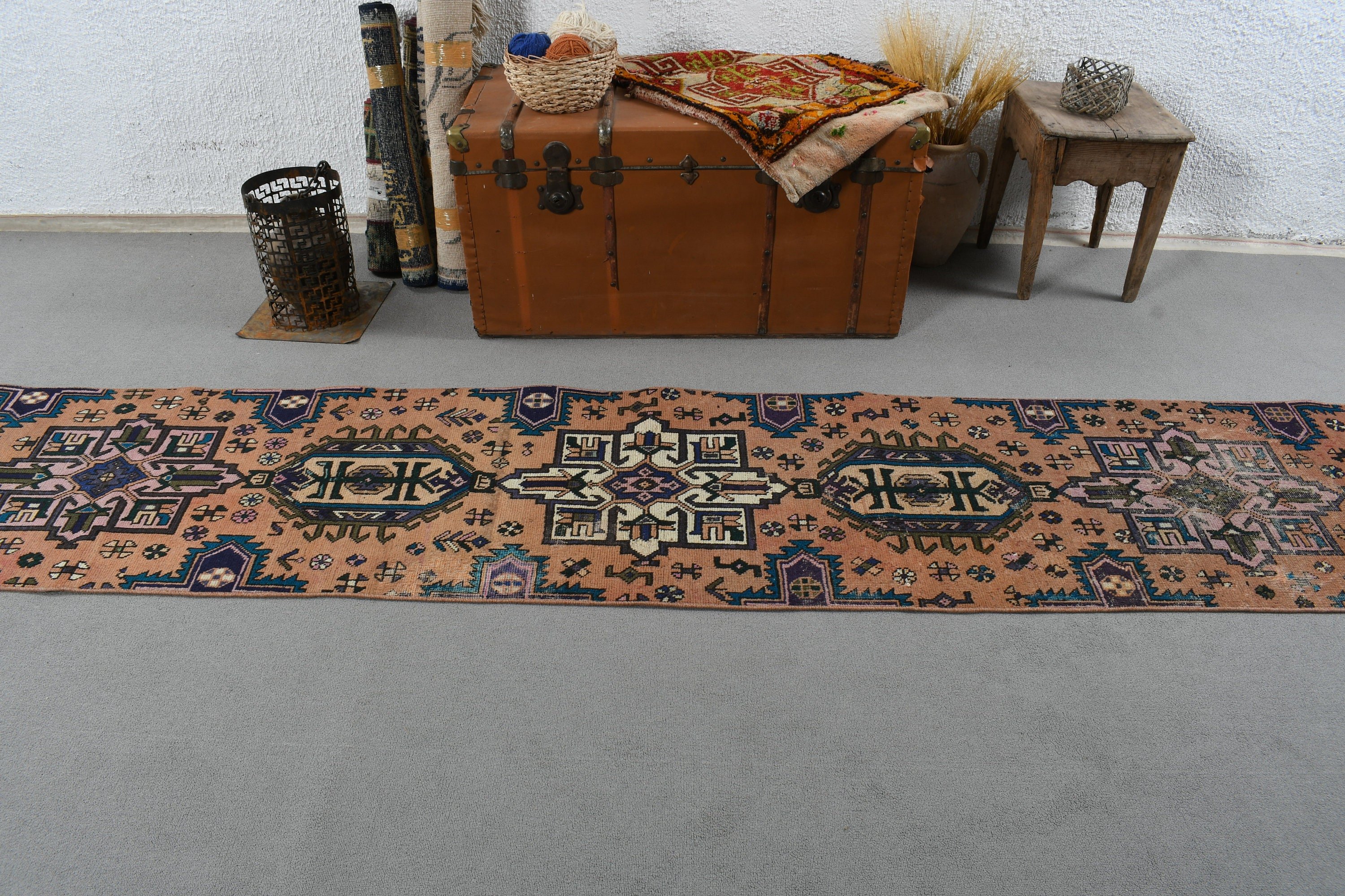 Orange Antique Rugs, 2x12.2 ft Runner Rugs, Antique Rugs, Vintage Rugs, Turkish Rugs, Rugs for Kitchen, Oriental Rug, Hallway Rugs