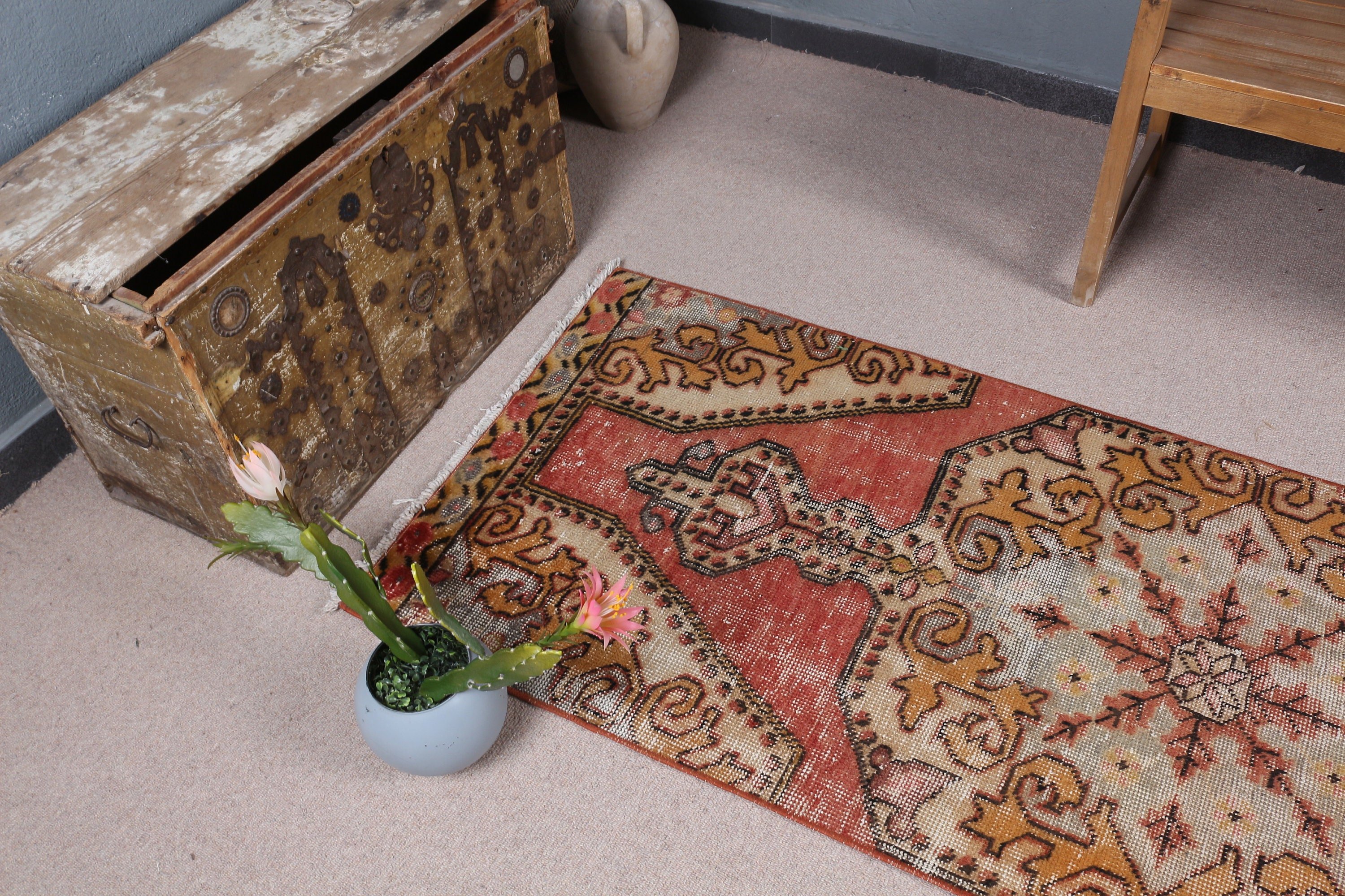 Vintage Rugs, Hallway Rug, Wool Rug, Turkish Rugs, Orange Floor Rugs, Rugs for Hallway, 2.7x7.2 ft Runner Rugs, Stair Rugs, Home Decor Rug