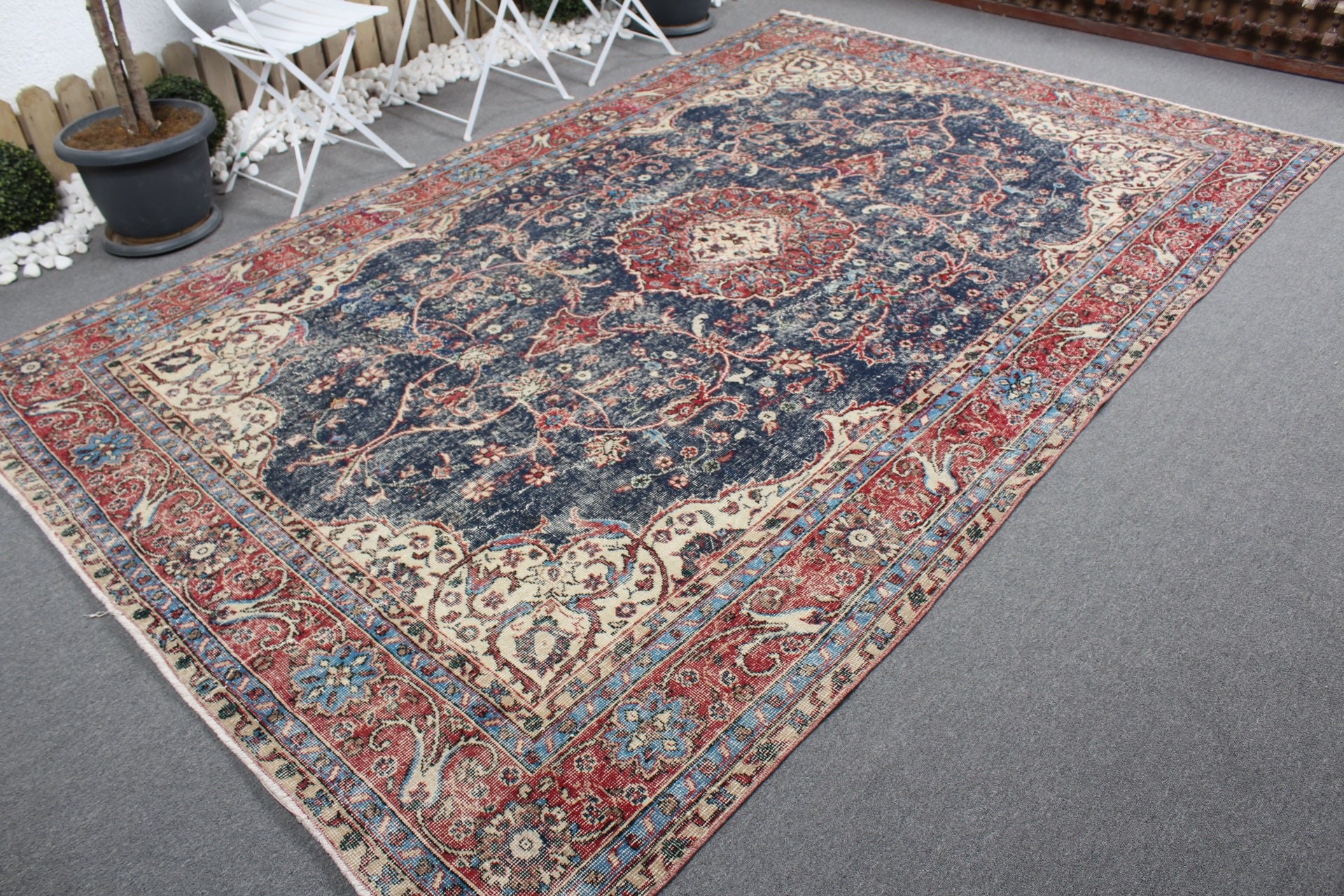 Sessiz Halılar, Mavi Fas Halısı, 7.2x10.9 ft Büyük Boy Halılar, Anadolu Halısı, Türk Halısı, Oturma Odası Halısı, Vintage Halı, Salon Halısı, Mutfak Halısı