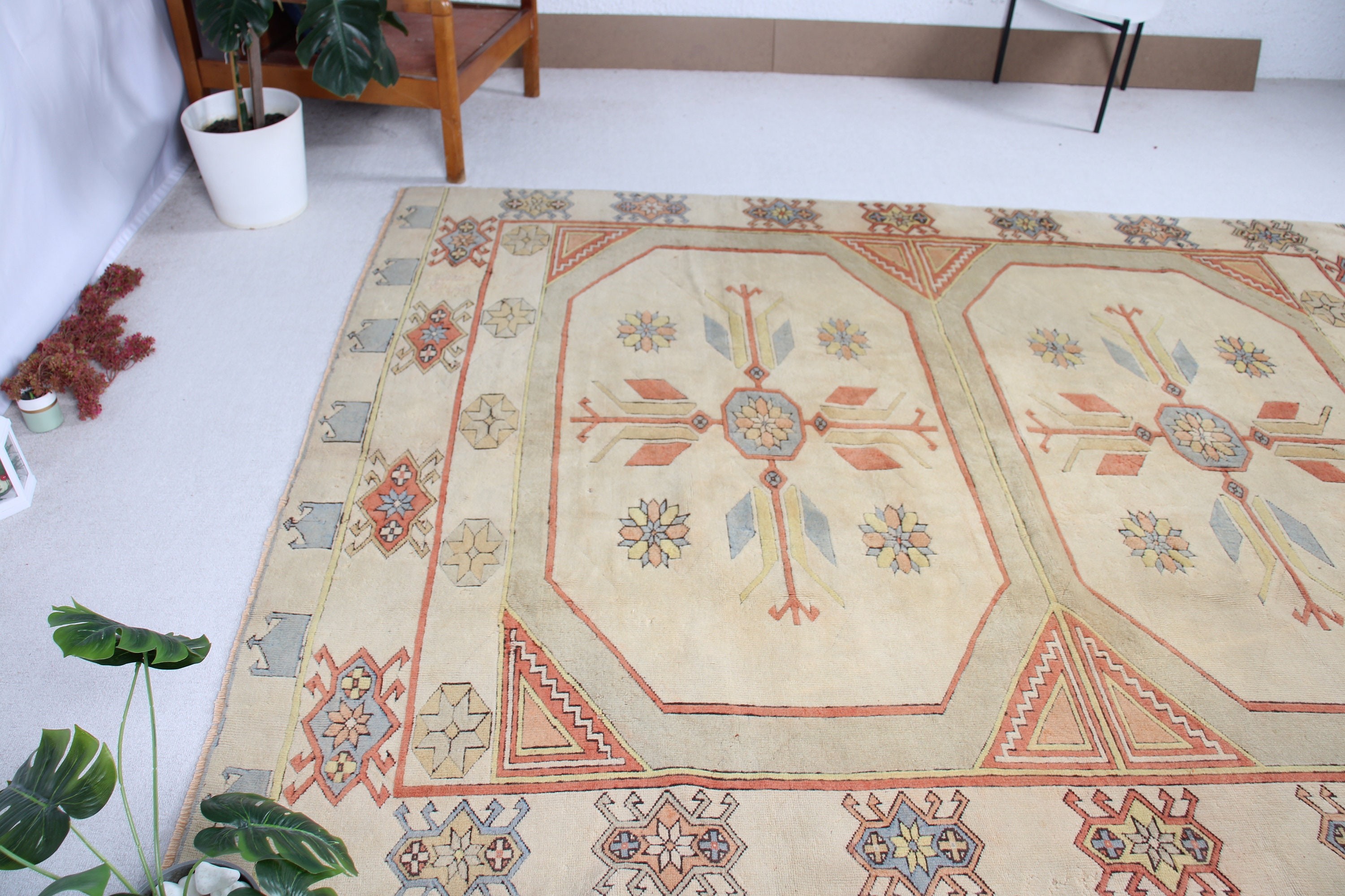 Antika Halılar, Vintage Halı, Türk Halıları, 6.3x8.8 ft Büyük Halılar, Bej Oushak Halısı, Yer Halıları, Yemek Odası Halısı, Boho Halısı, Yatak Odası Halıları