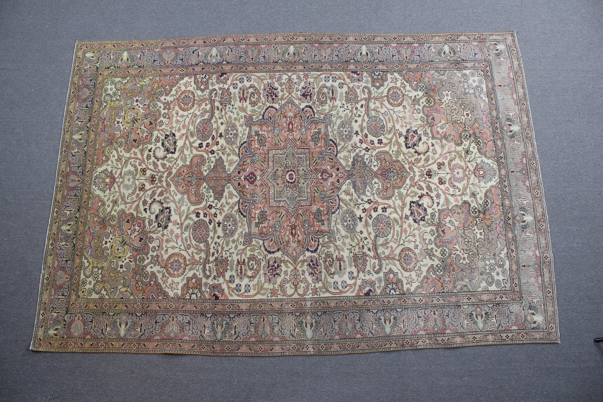 Bej Yer Halısı, Yün Halı, Vintage Halılar, Yemek Odası Halısı, Antika Halılar, 6.3x9.5 ft Büyük Halılar, Oturma Odası Halısı, Eskitme Halısı, Türk Halısı