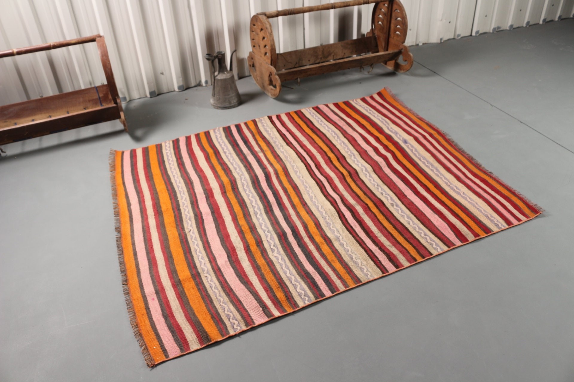 Mutfak Halısı, Yün Halı, 4.6x5.6 ft Alan Halısı, Vintage Halı, Yer Halıları, Kilim, Fas Halısı, Turuncu Antika Halı, Pastel Halılar, Türk Halıları