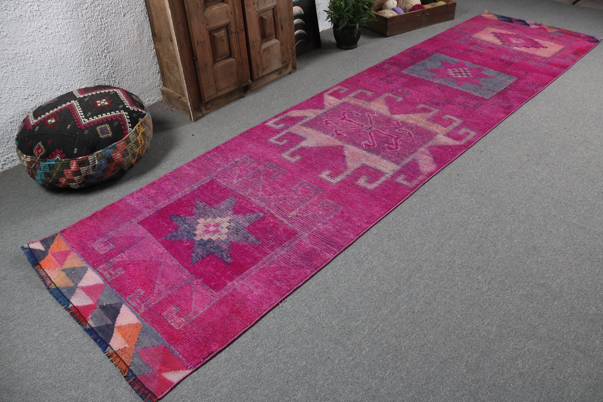 Koridor Halıları, Türk Halısı, Boho Halısı, Mor Oushak Halısı, Merdiven Halıları, Merdiven Halısı, 3,2x12,7 ft Koşucu Halısı, Vintage Halı, Yün Halı