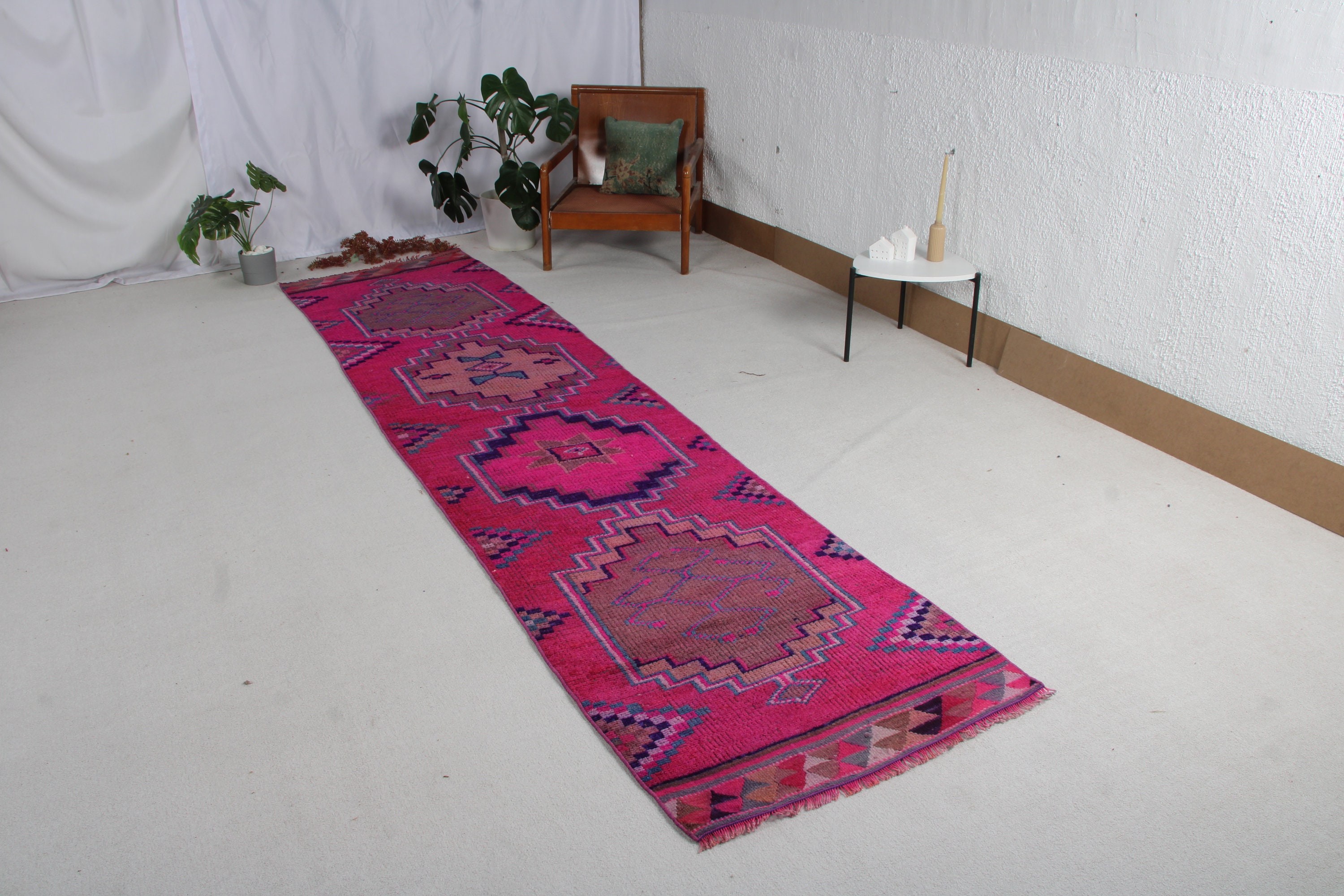 Mor Oryantal Halı, 2.9x12.8 ft Runner Halıları, Geometrik Halılar, Oushak Halısı, Türk Halısı, Mutfak Halıları, Beni Ourain Runner Halısı, Vintage Halılar