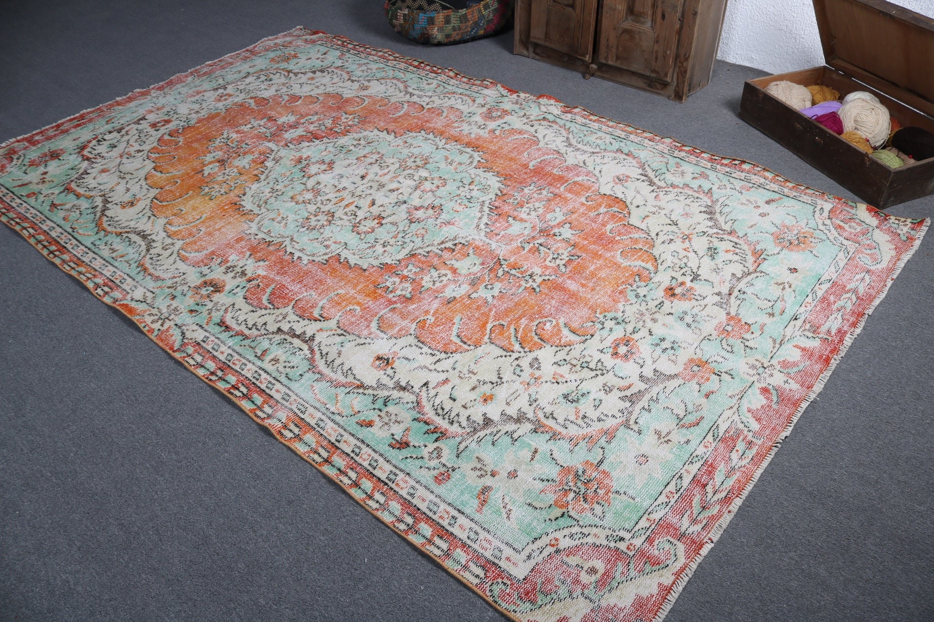 Large Boho Rug, Cool Rug, Large Oushak Rug, 6x9.9 ft Large Rugs, Turkish Rugs, Vintage Rugs, Orange Cool Rug, Decorative Rug, Kitchen Rug