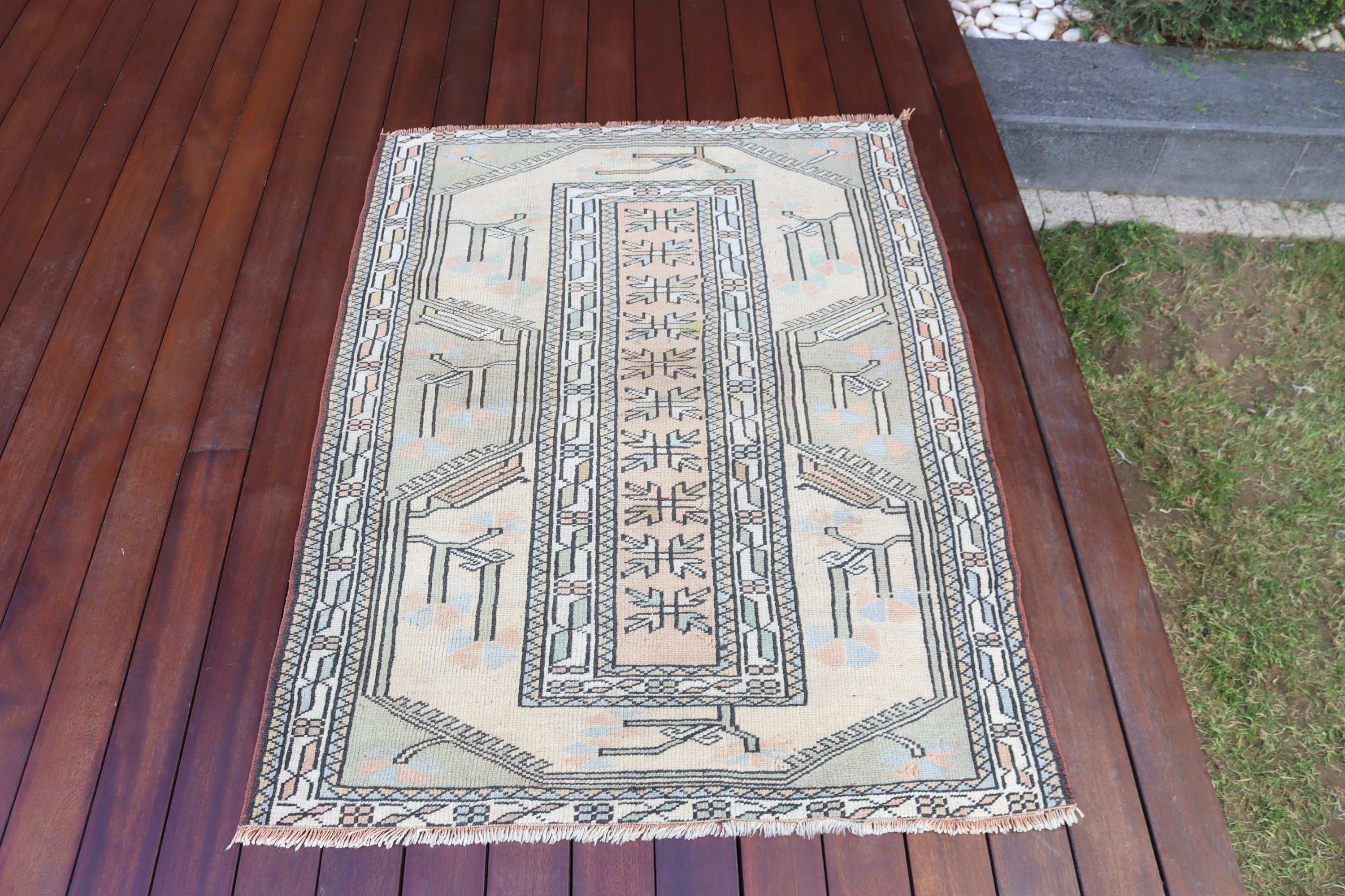 Bej Fas Halısı, Türk Halıları, Duvara Asılı Halı, Vintage Halı, 3.2x4.1 ft Küçük Halı, Küçük Boho Halıları, Geometrik Halı, Yatak Odası Halısı