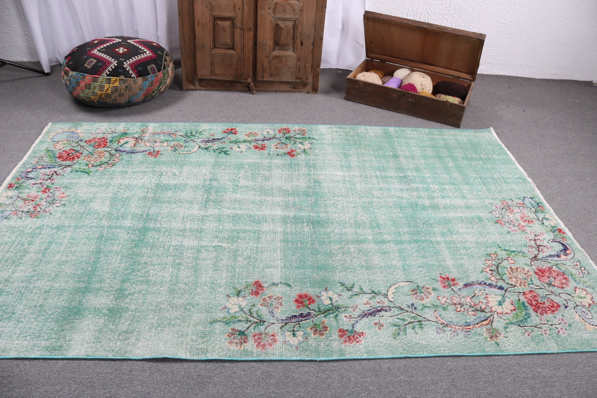 Mutfak Halıları, Vintage Halılar, Türk Halısı, 5.1x8.4 ft Büyük Halılar, Yeşil Geometrik Halı, Modern Halı, Bohem Halılar, Salon Halısı, Yemek Odası Halıları