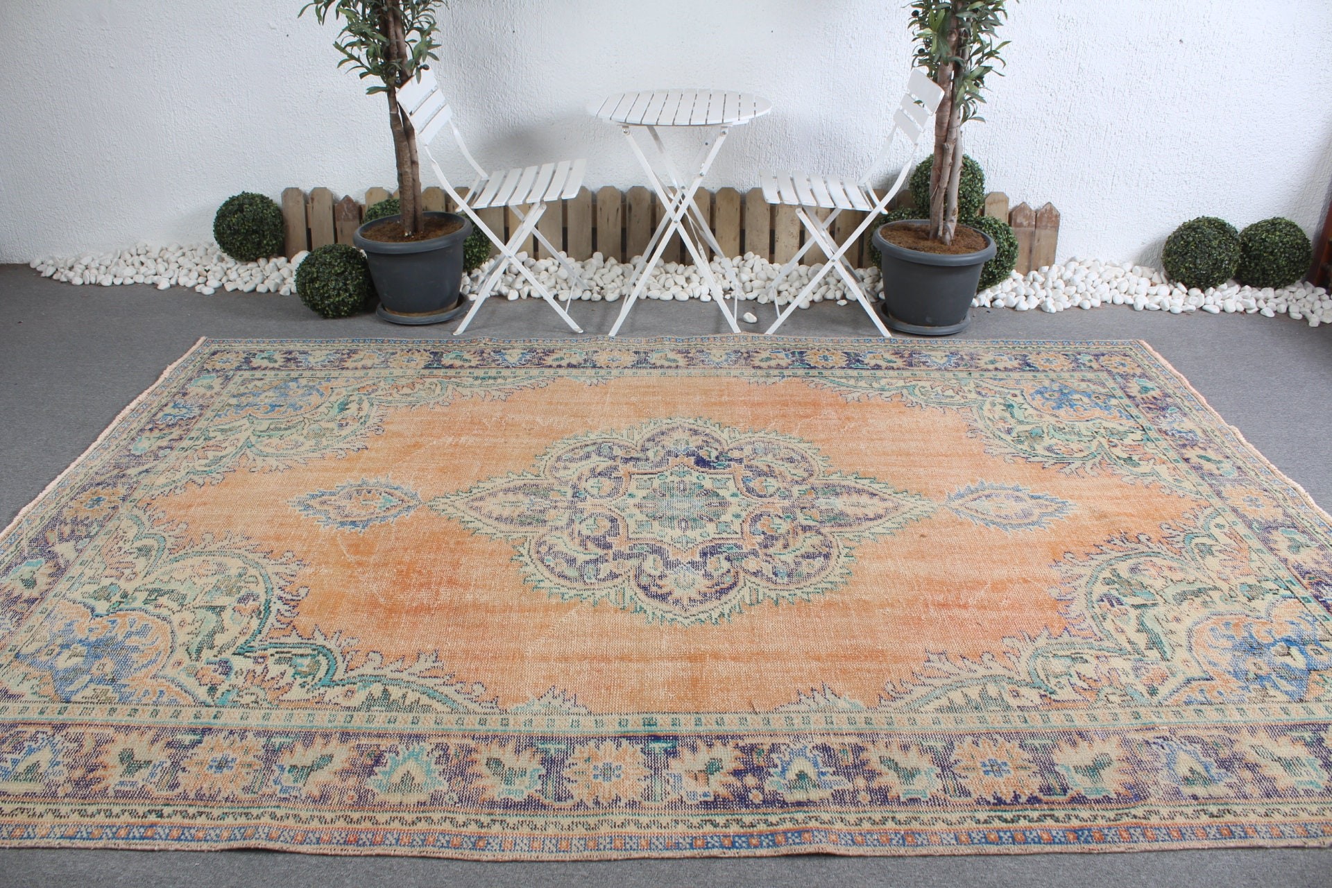 Oushak Halı, Vintage Halı, Eski Halılar, Salon Halısı, Yemek Odası Halıları, Türk Halısı, Ev Dekor Halıları, Turuncu 7x10.5 ft Büyük Boy Halı