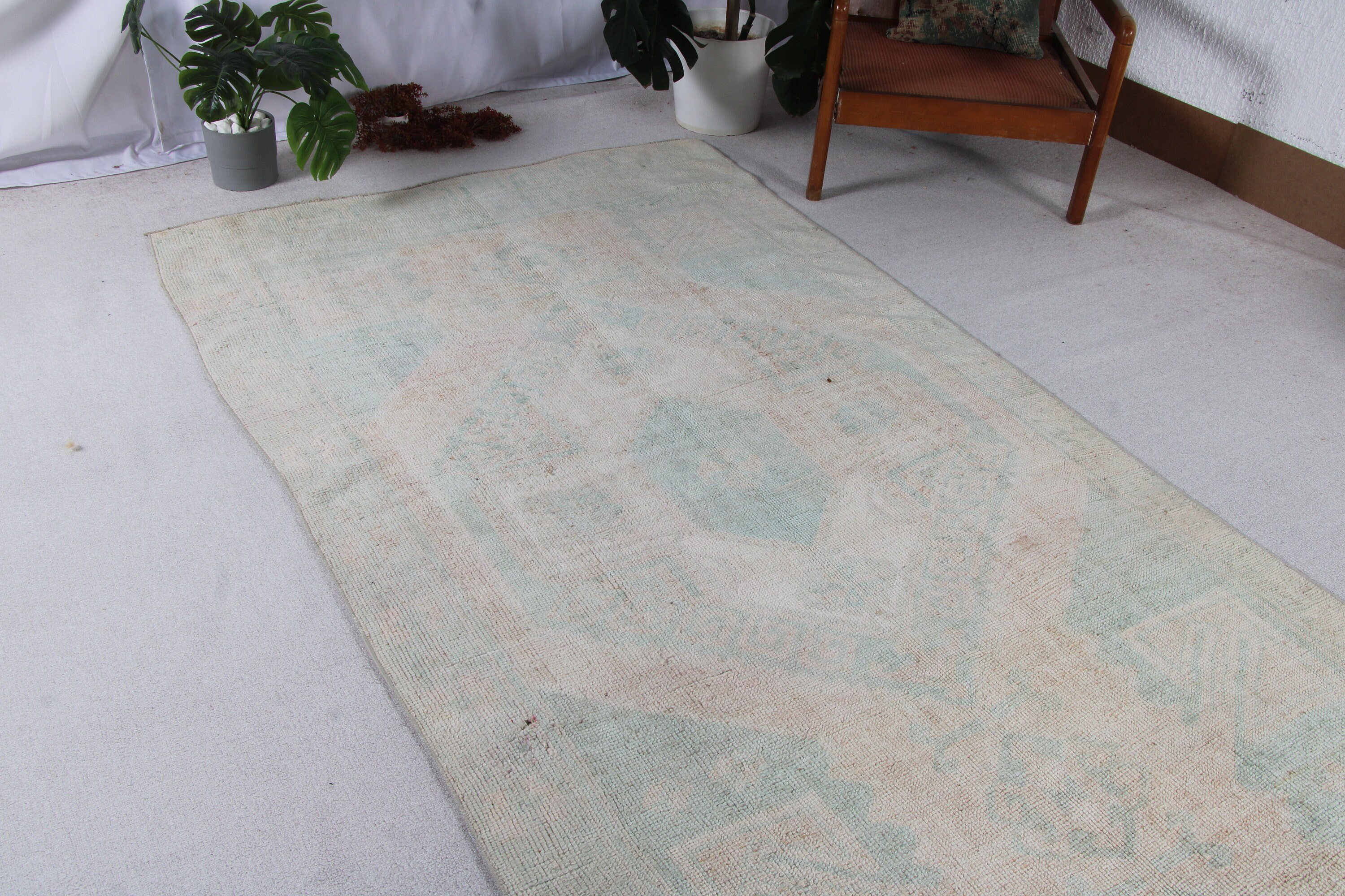 4.6x12.9 ft Runner Halı, Vintage Halılar, Oushak Halı, Boho Halı, Yatak Odası Halıları, Uzun Yolluk Halıları, Beyaz Antika Halılar, Koridor Halıları, Türk Halıları