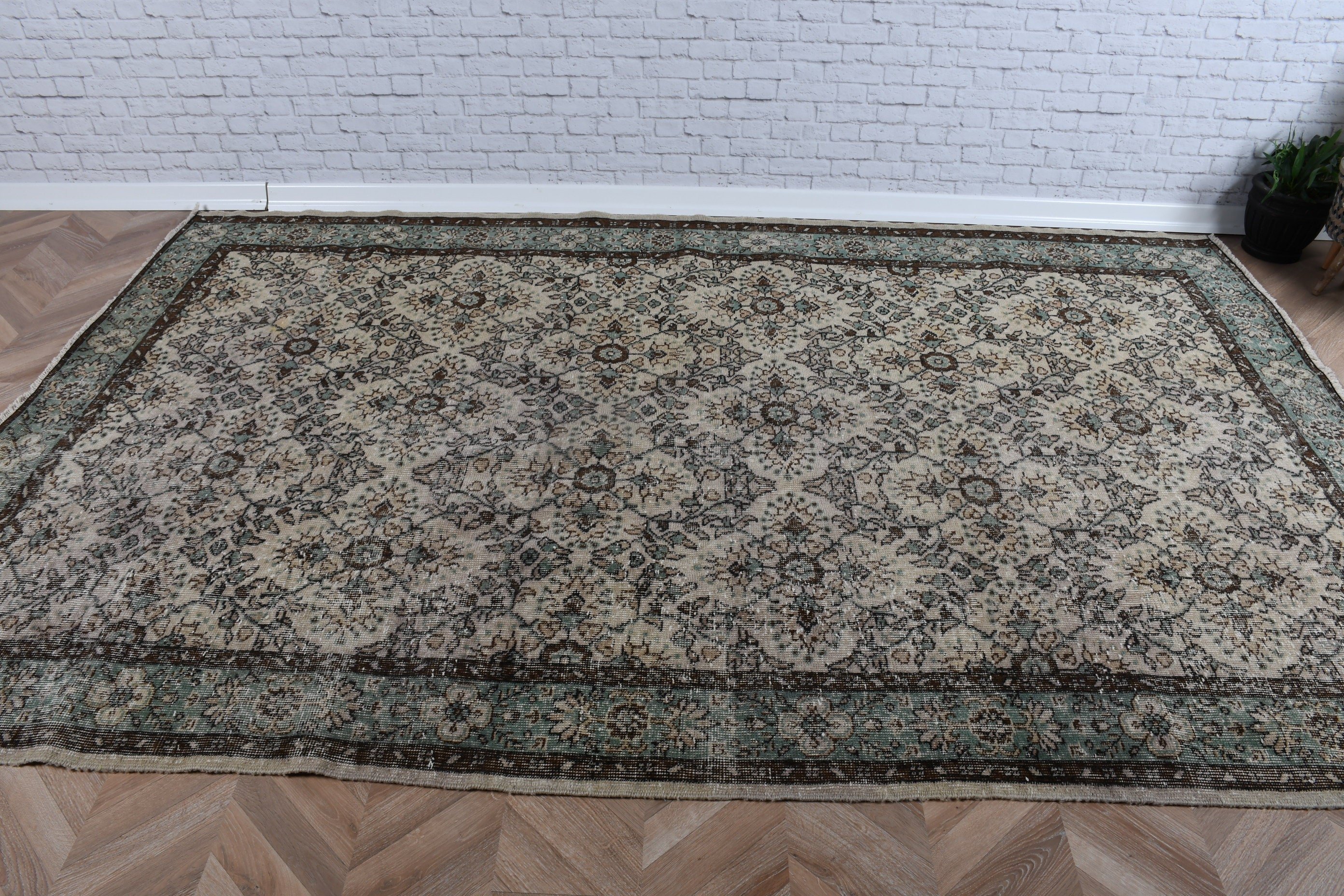 Yeşil Yün Halı, Vintage Halılar, Geometrik Halı, Türkiye Halısı, Türk Halıları, Fas Halısı, Yatak Odası Halıları, 6x9.4 ft Büyük Halı, Oturma Odası Halısı