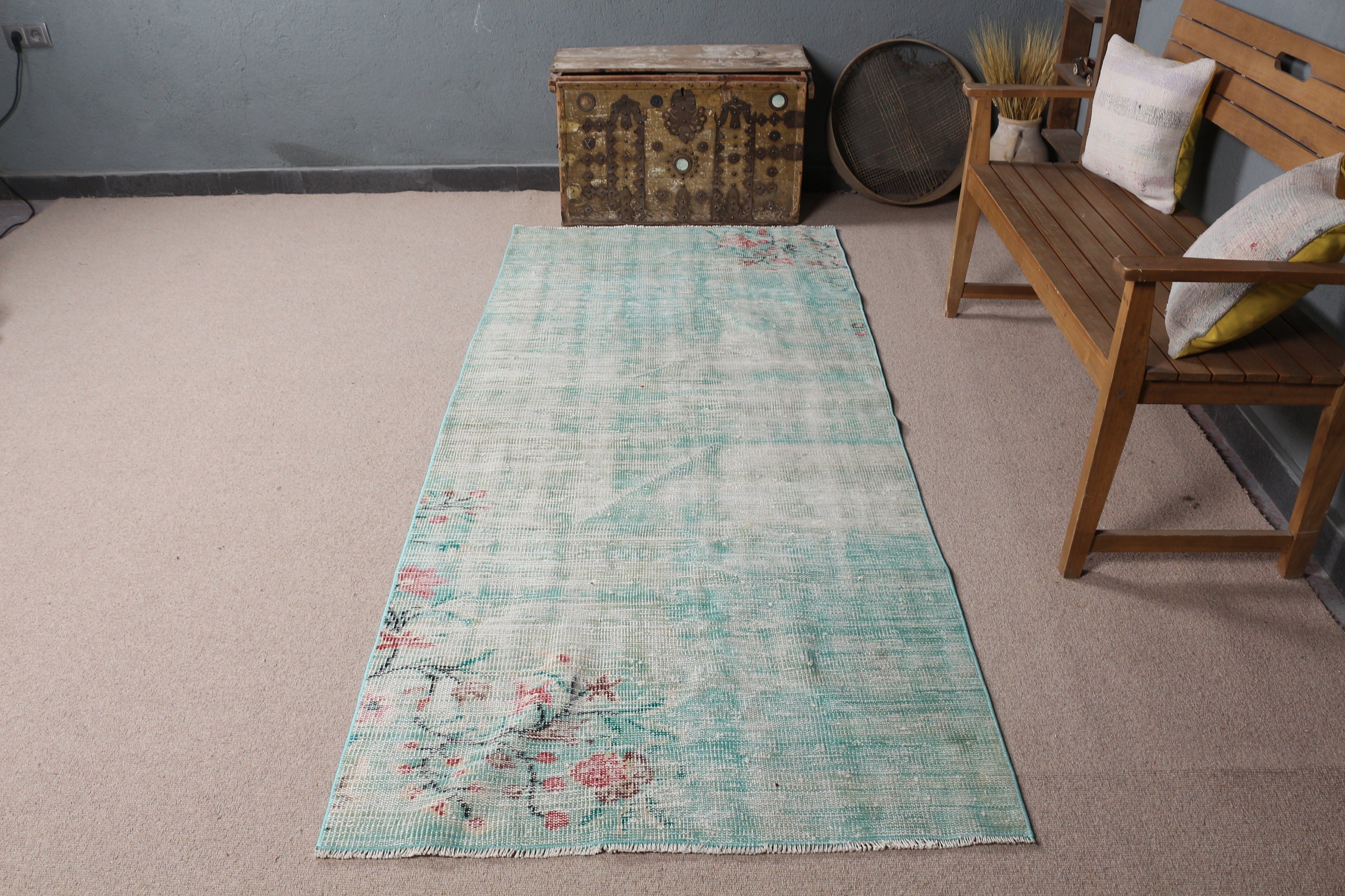 Floor Rug, Green  3.5x8.3 ft Area Rugs, Living Room Rug, Vintage Rugs, Wool Rugs, Turkish Rug, Organic Rug, Rugs for Floor