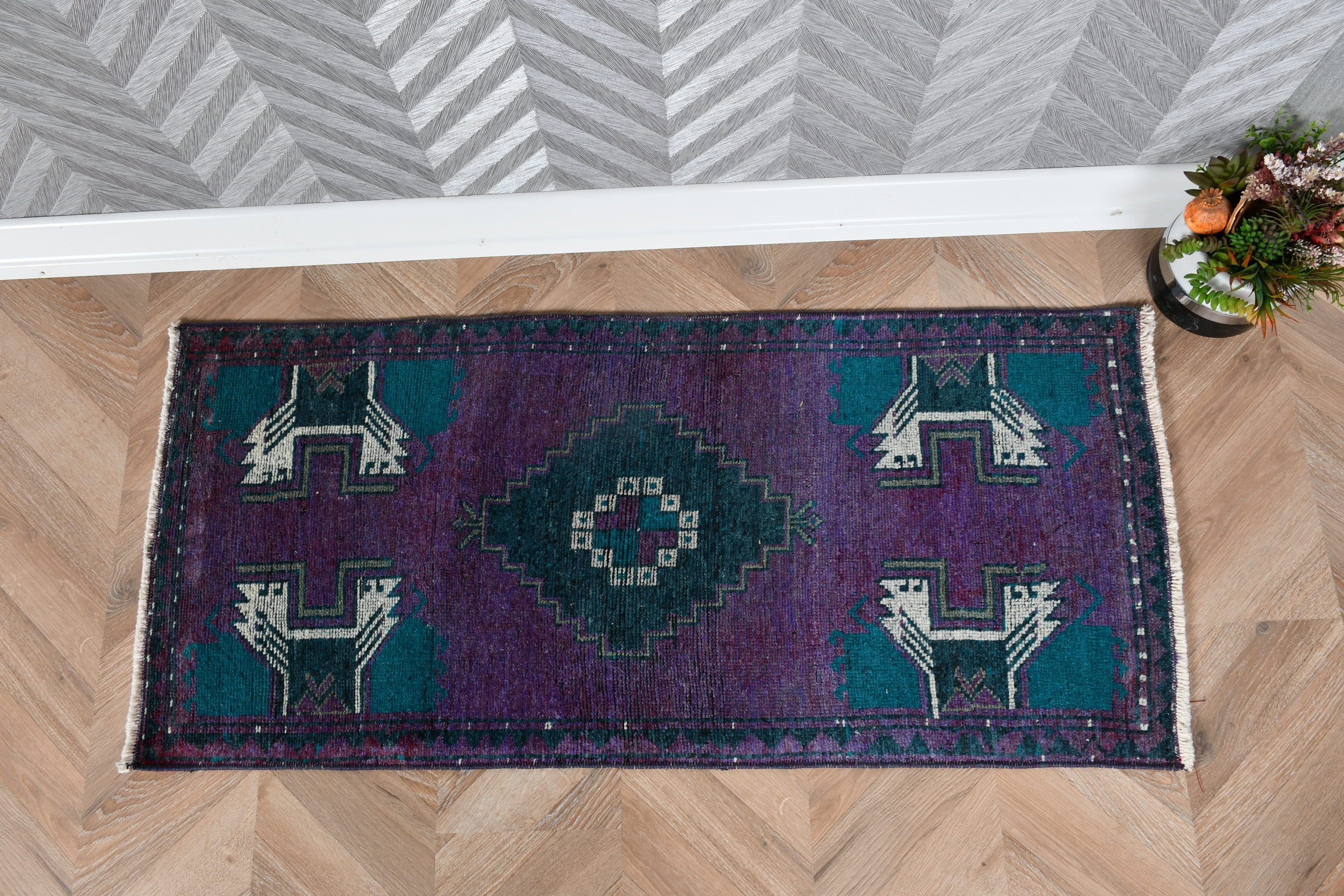 Araba Paspas Halısı, Türk Halıları, Yatak Odası Halısı, Yün Halı, Vintage Halı, Antika Halı, 1.7x3.7 ft Küçük Halı, Kapı Paspası Halıları, Mor Ev Dekor Halısı