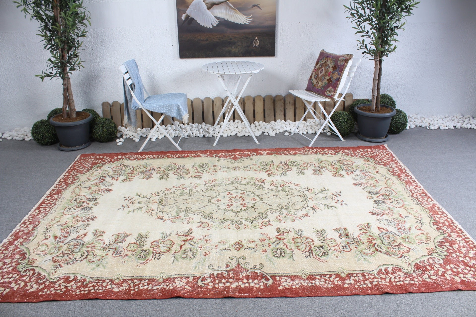 Sanat Halıları, Oushak Halısı, Türk Halısı, Yemek Odası Halıları, Bej Anadolu Halısı, Vintage Halı, Salon Halısı, 6,4x9,5 ft Büyük Halı