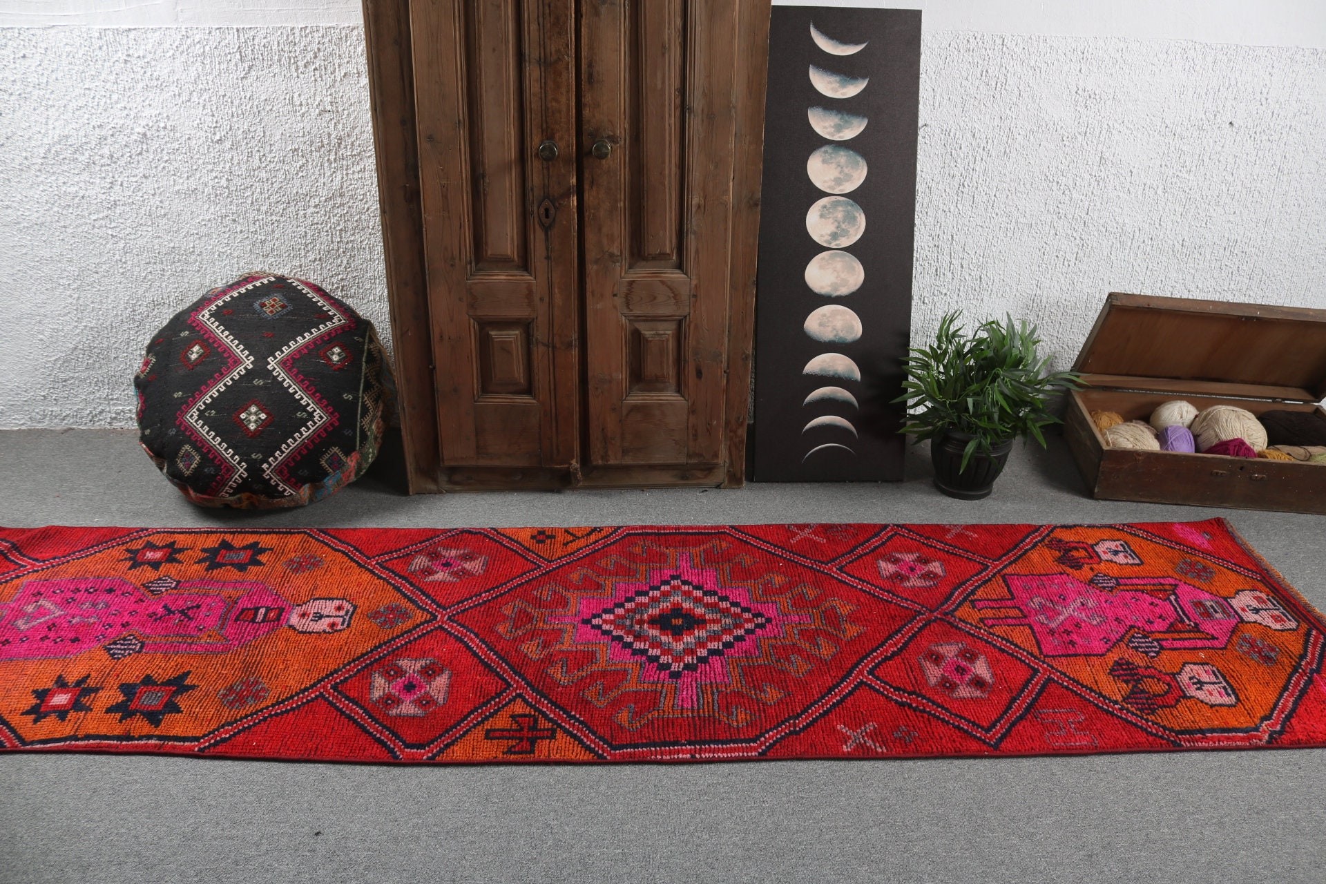 Vintage Rugs, Home Decor Rugs, Modern Rug, Red Neutral Rugs, Turkish Rug, 2.6x10.1 ft Runner Rugs, Hallway Rug, Stair Rugs, Geometric Rugs