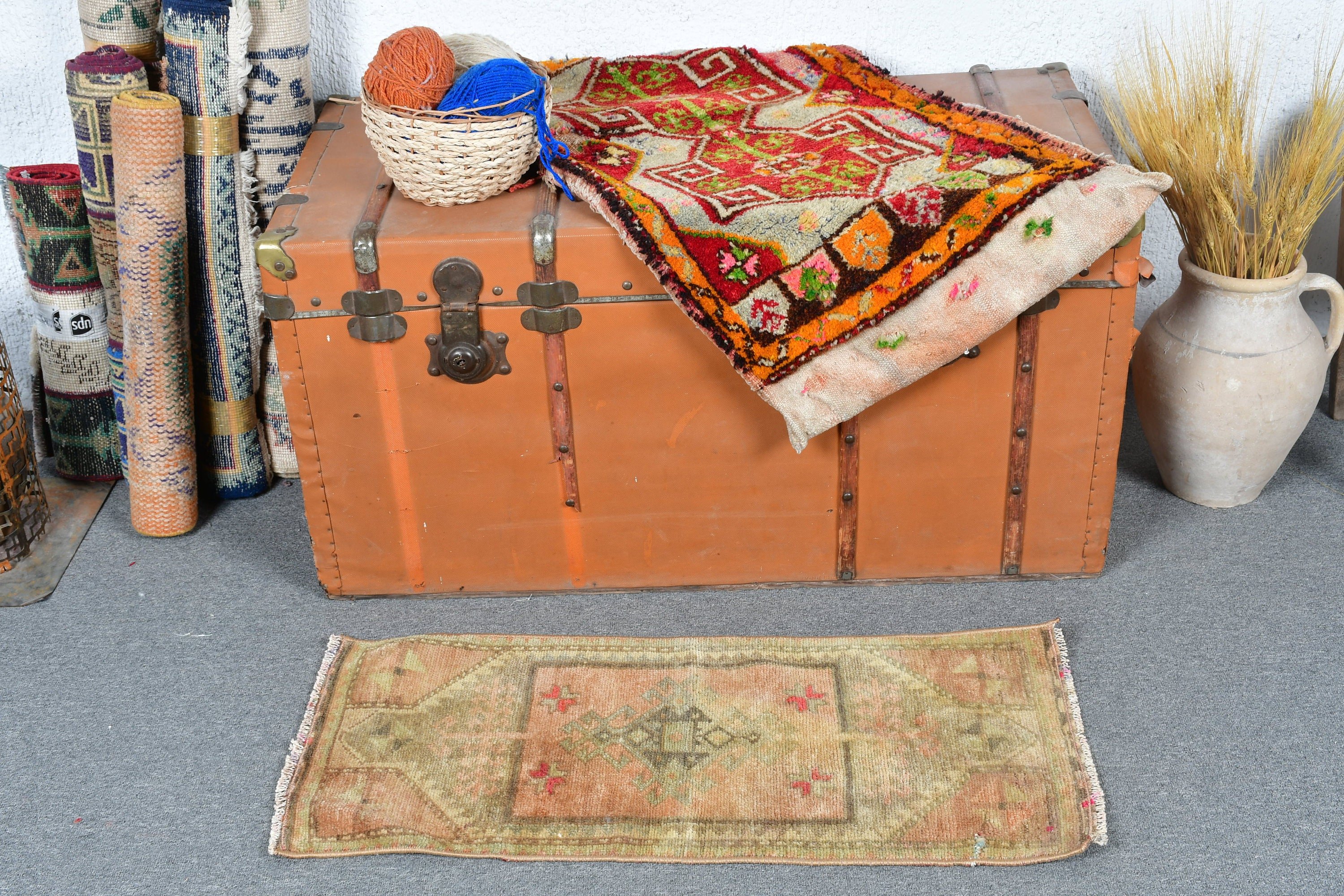 Home Decor Rug, 1.2x2.8 ft Small Rug, Turkish Rugs, Brown Bedroom Rug, Moroccan Rug, Vintage Rug, Rugs for Kitchen, Pale Rug, Bathroom Rug